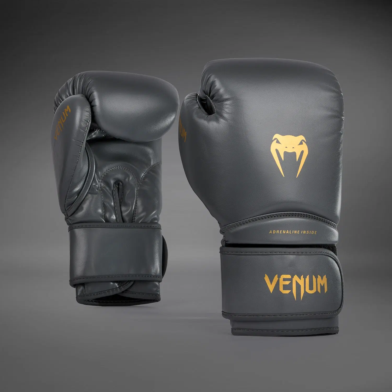Venum Contender 1.5 Kids Boxing Gloves - Graphite/Gold, преден изглед на чифт