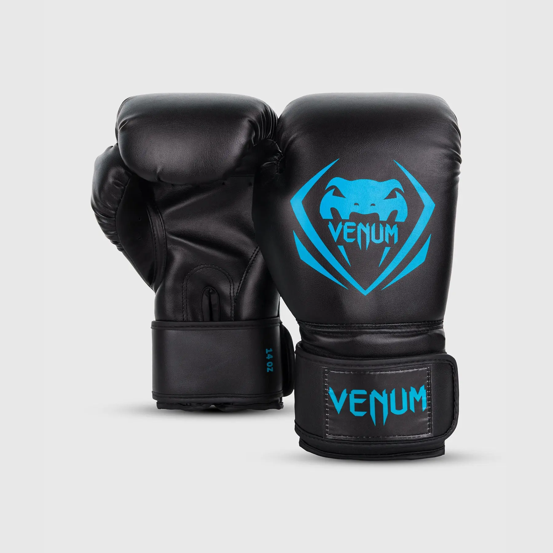 Venum Contender Boxing Gloves - Black/Cyan, преден изглед, лява ръкавица