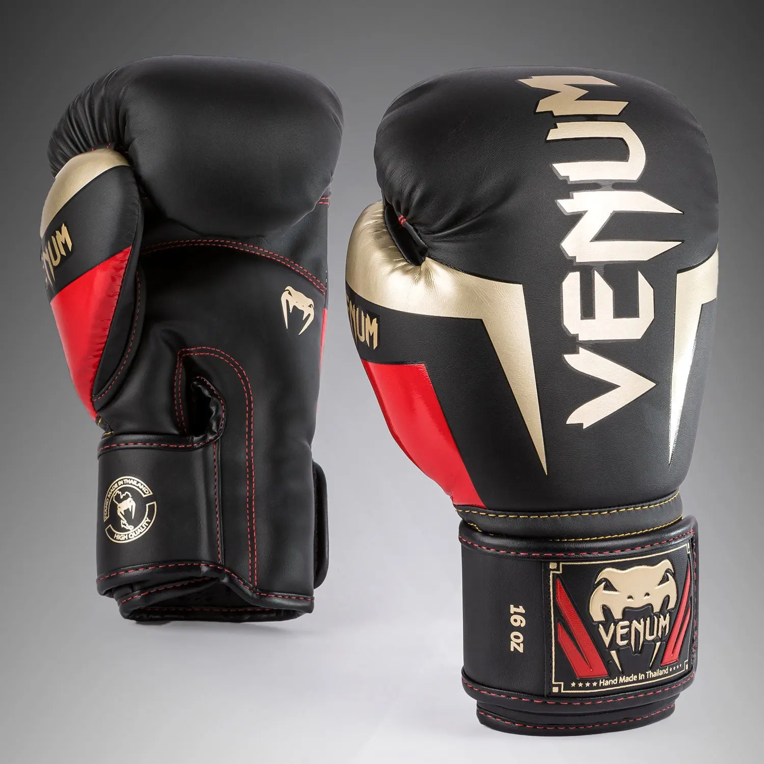 Venum Elite Boxing Gloves - Black/Gold/Red страничен изглед