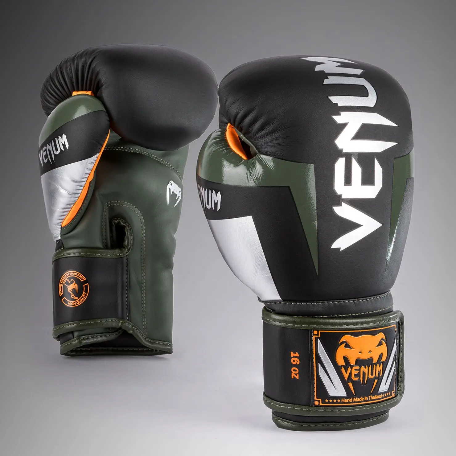 Venum Elite Boxing Gloves - Black/Silver/Kaki детайлен изглед