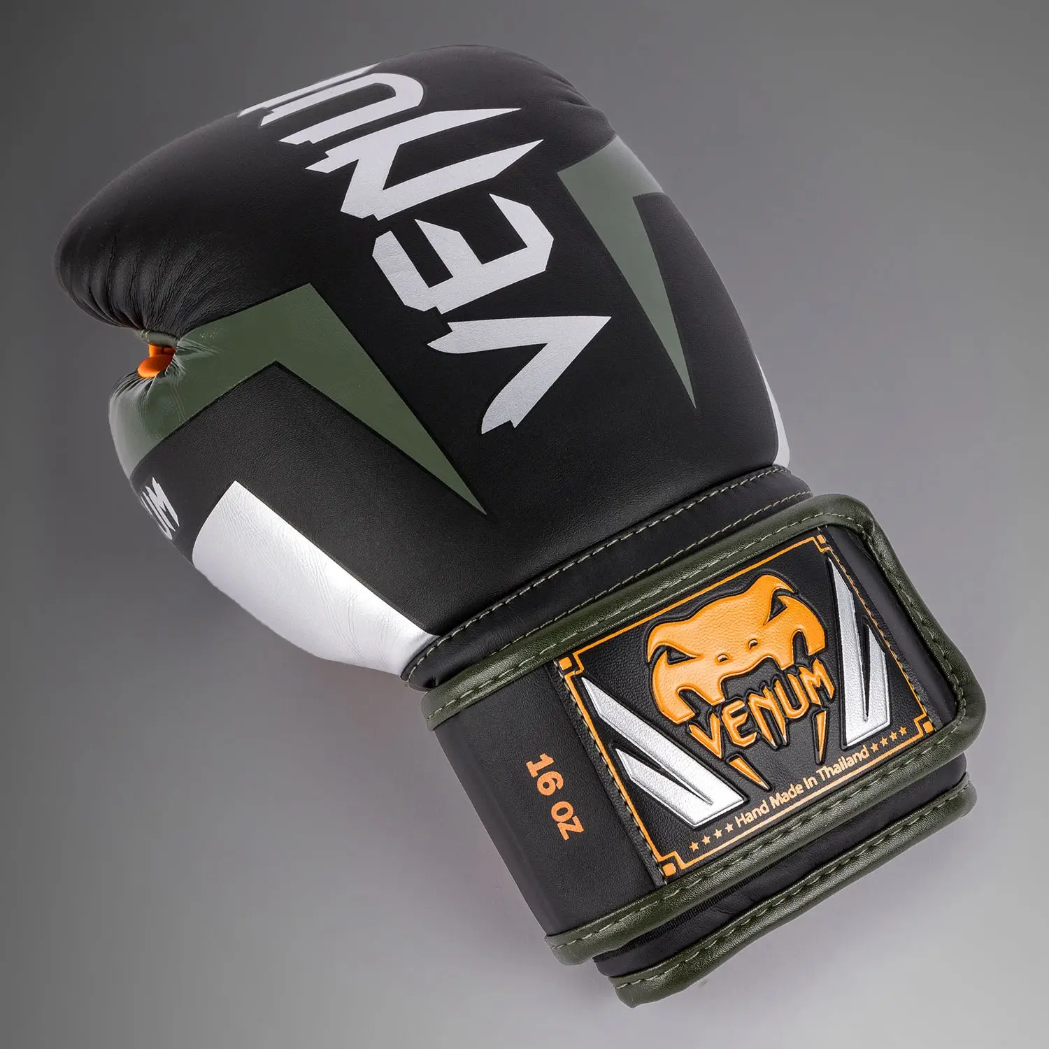 Venum Elite Boxing Gloves - Black/Silver/Kaki изглед отгоре