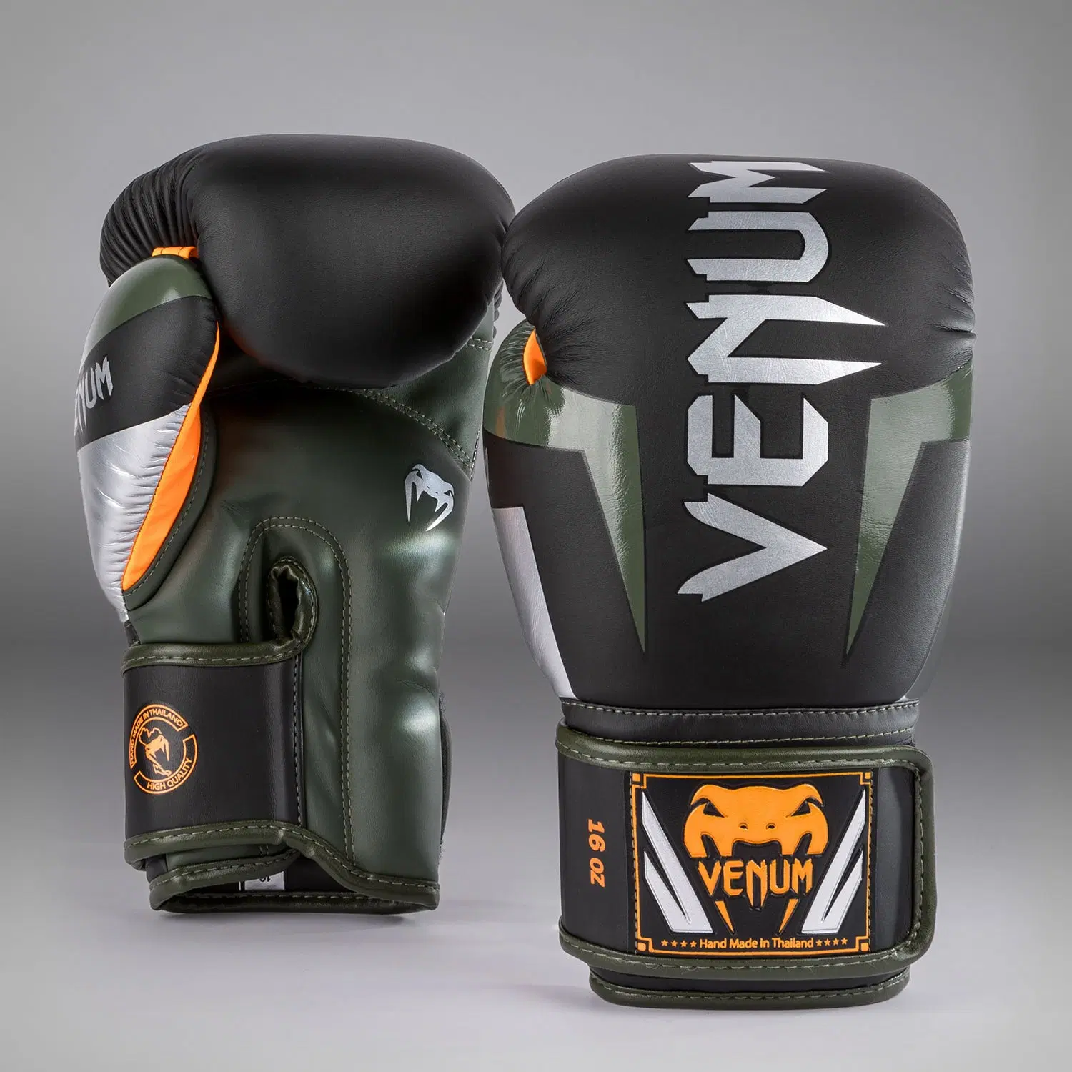 Venum Elite Boxing Gloves - Black/Silver/Kaki преден изглед