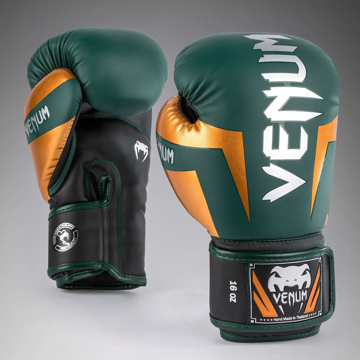 Venum Elite Boxing Gloves - Green/Bronze/Silver, преден изглед на една ръкавица