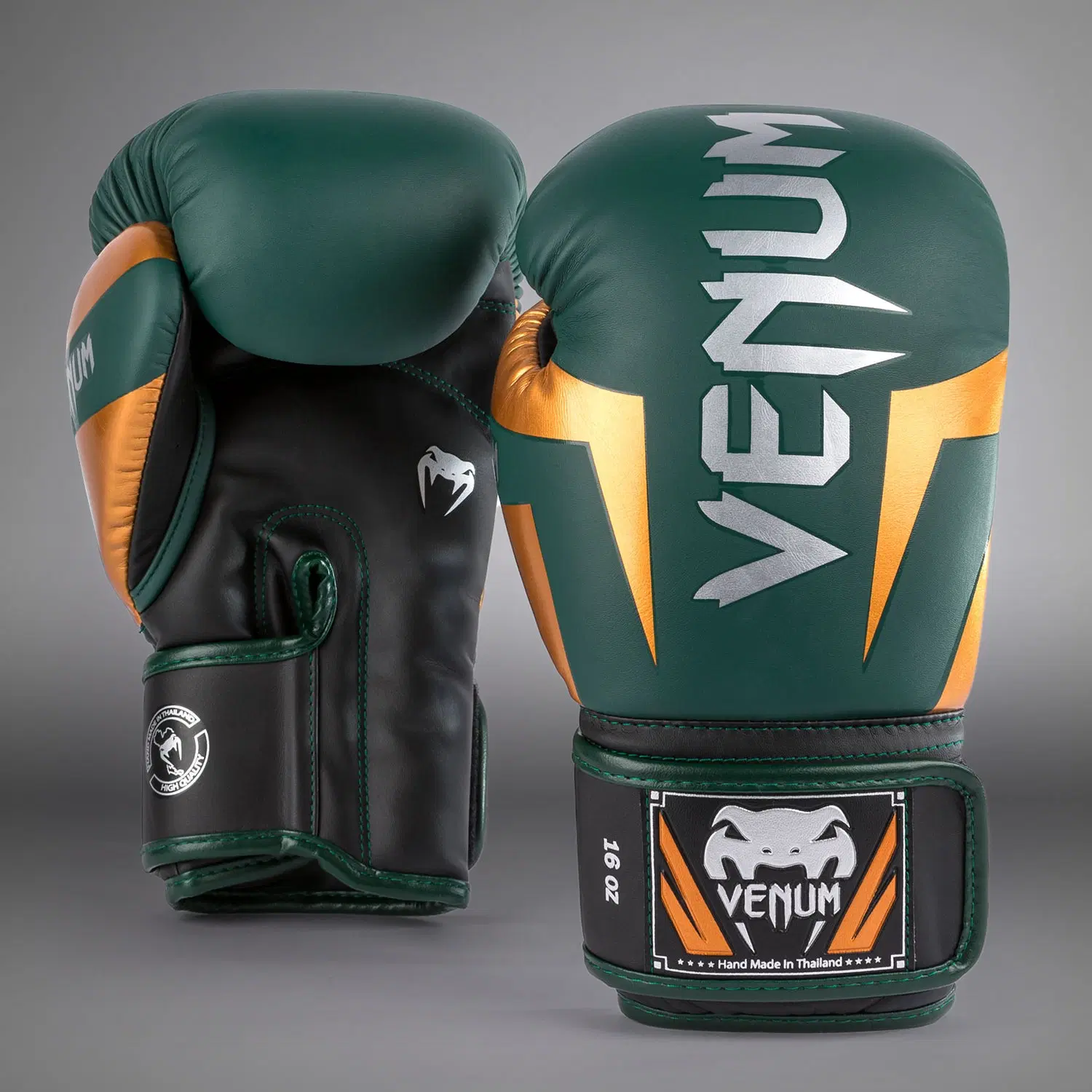 Venum Elite Boxing Gloves - Green/Bronze/Silver, преден изглед на чифт ръкавици