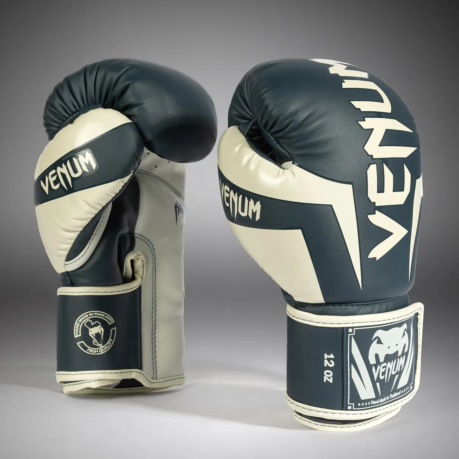 Venum Elite Boxing Gloves - White/Navy Blue страничен изглед