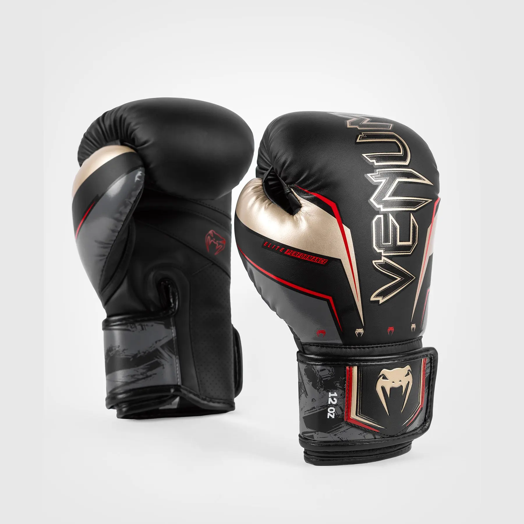 Venum Elite Evo Boxing Gloves - Black/Gold/Red преден изглед с вид отстрани