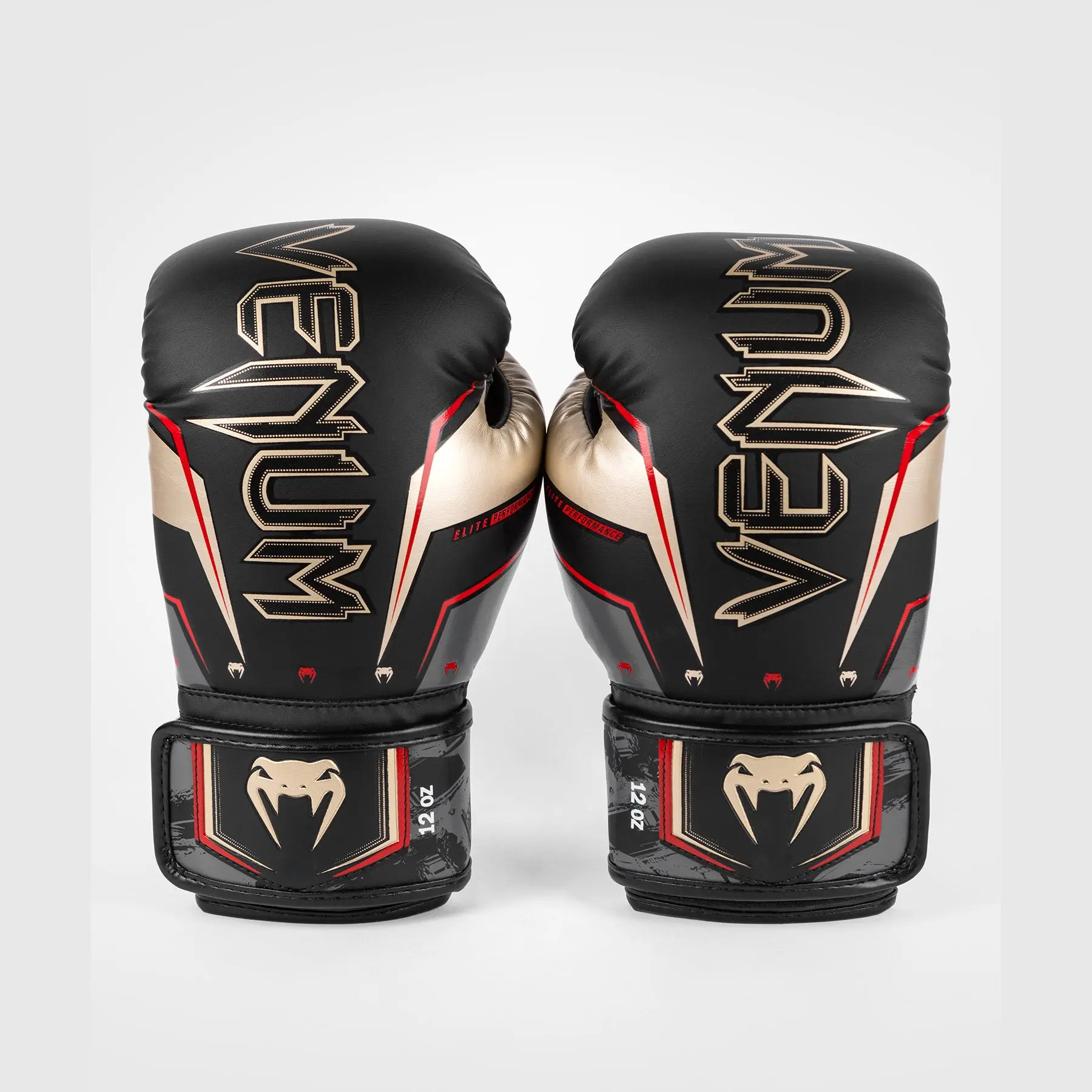Venum Elite Evo Boxing Gloves - Black/Gold/Red преден изглед