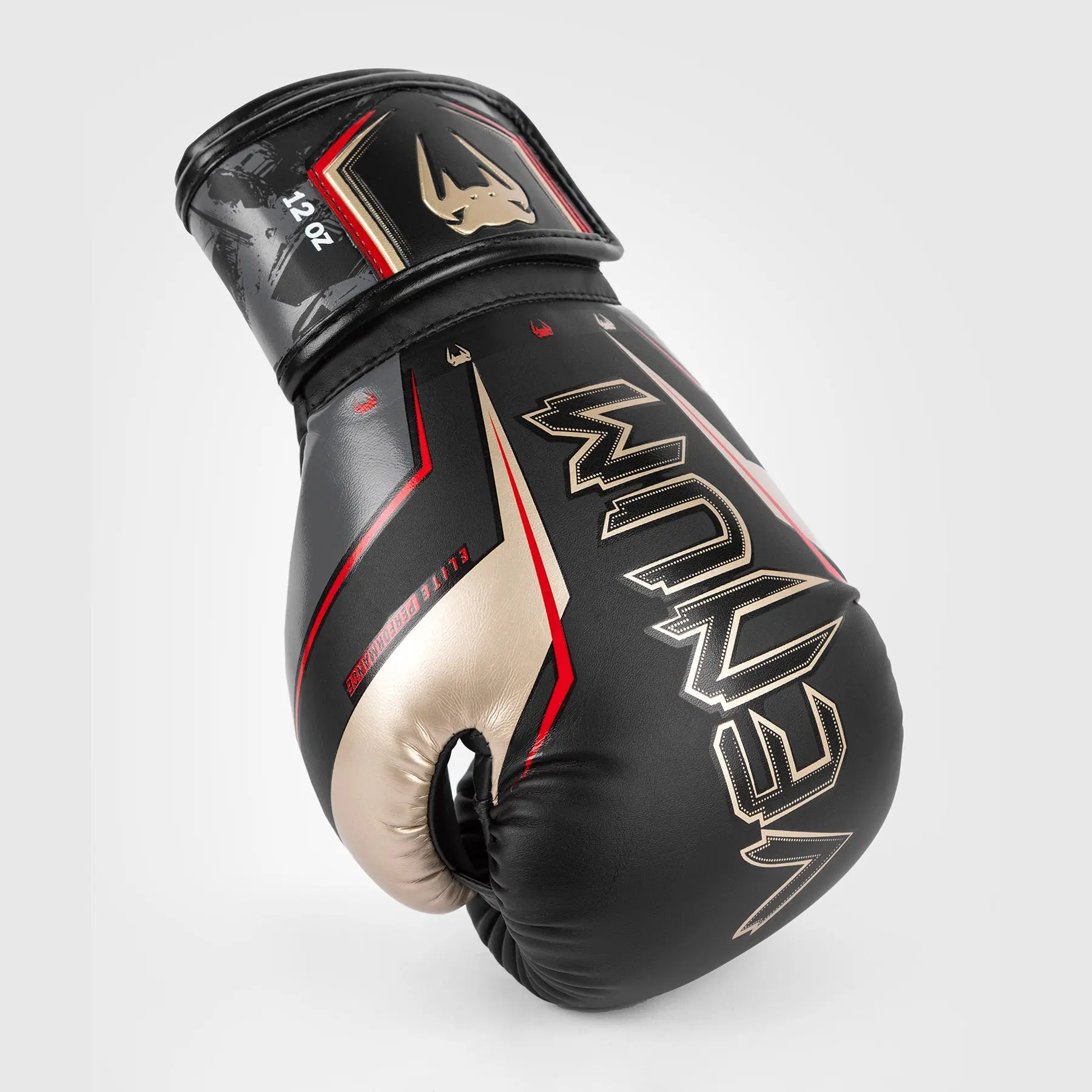 Venum Elite Evo Boxing Gloves - Black/Gold/Red изглед в перспектива