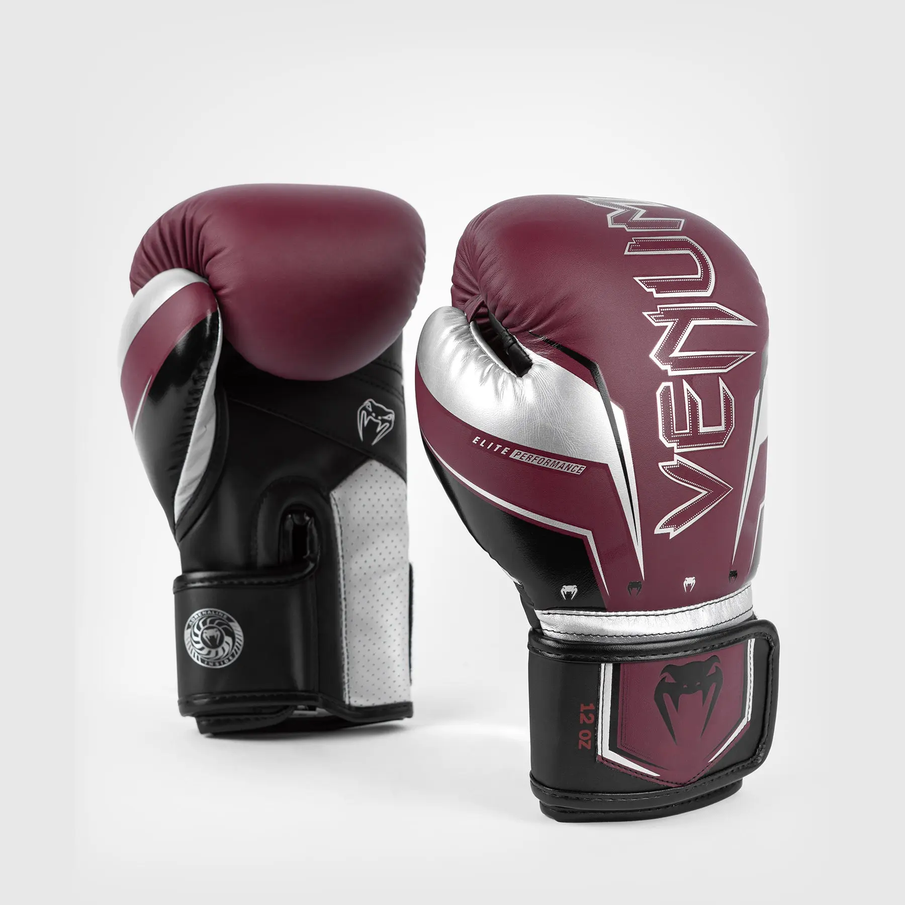 Venum Elite Evo Boxing Gloves - Burgundy/Silver преден изглед на чифт ръкавици отстрани