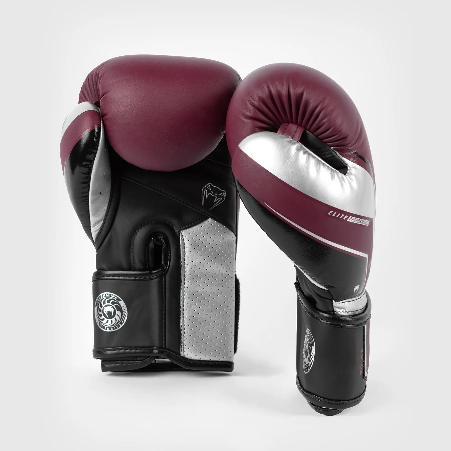 Venum Elite Evo Boxing Gloves - Burgundy/Silver страничен изглед на чифт ръкавици