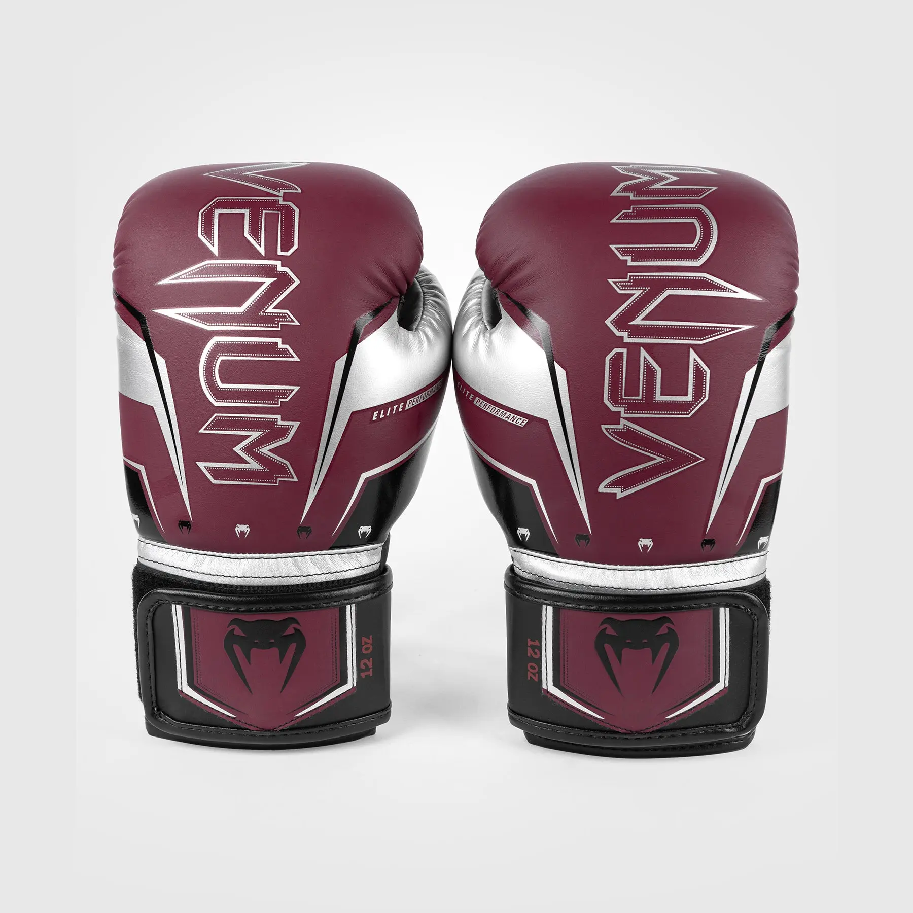 Venum Elite Evo Boxing Gloves - Burgundy/Silver лицева част на чифт ръкавици