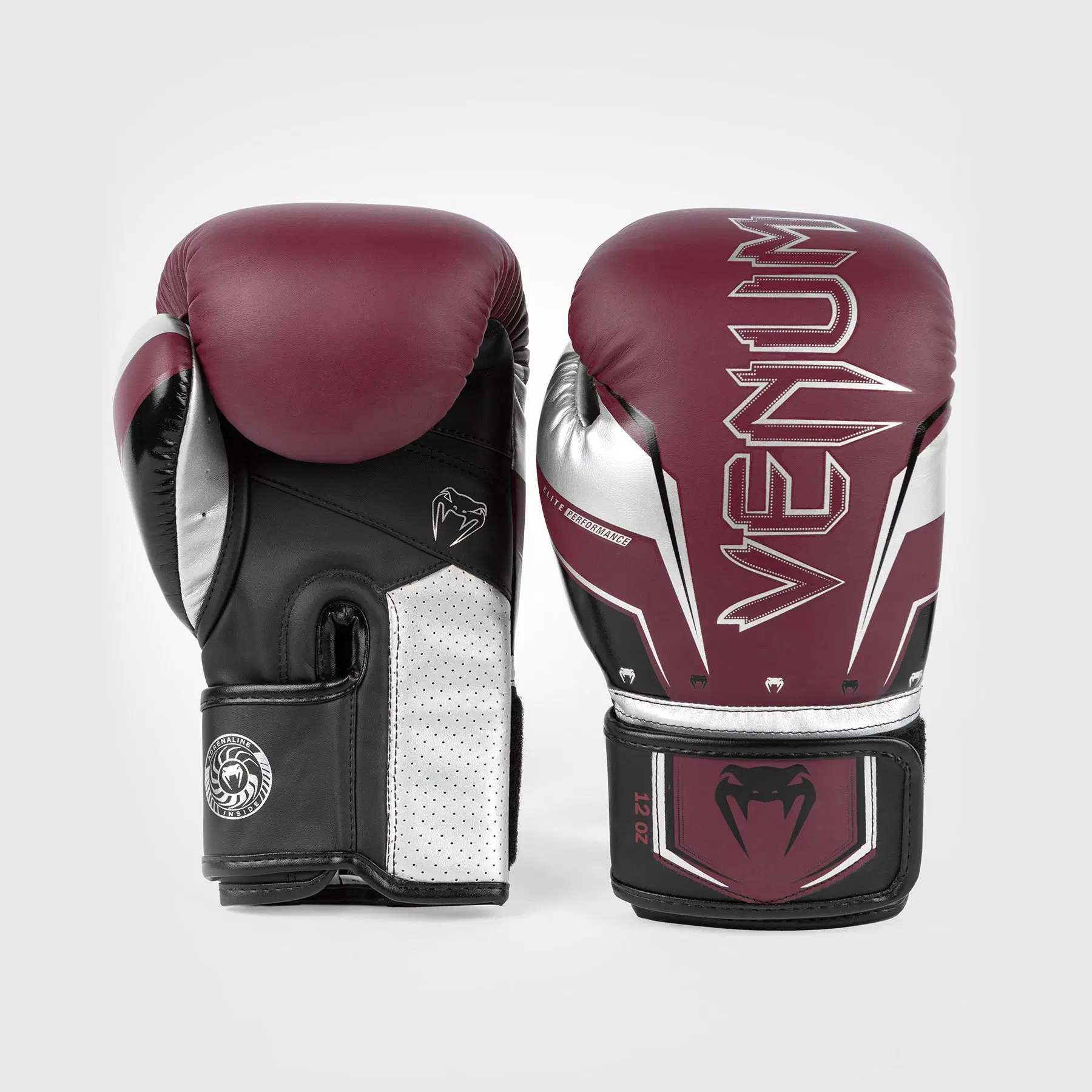 Venum Elite Evo Boxing Gloves - Burgundy/Silver преден изглед на чифт ръкавици