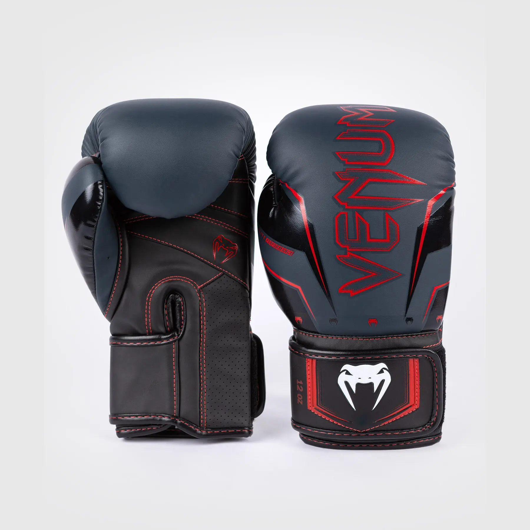 Venum Elite Evo Boxing Gloves - Navy/Black/Red, двойка ръкавици под ъгъл