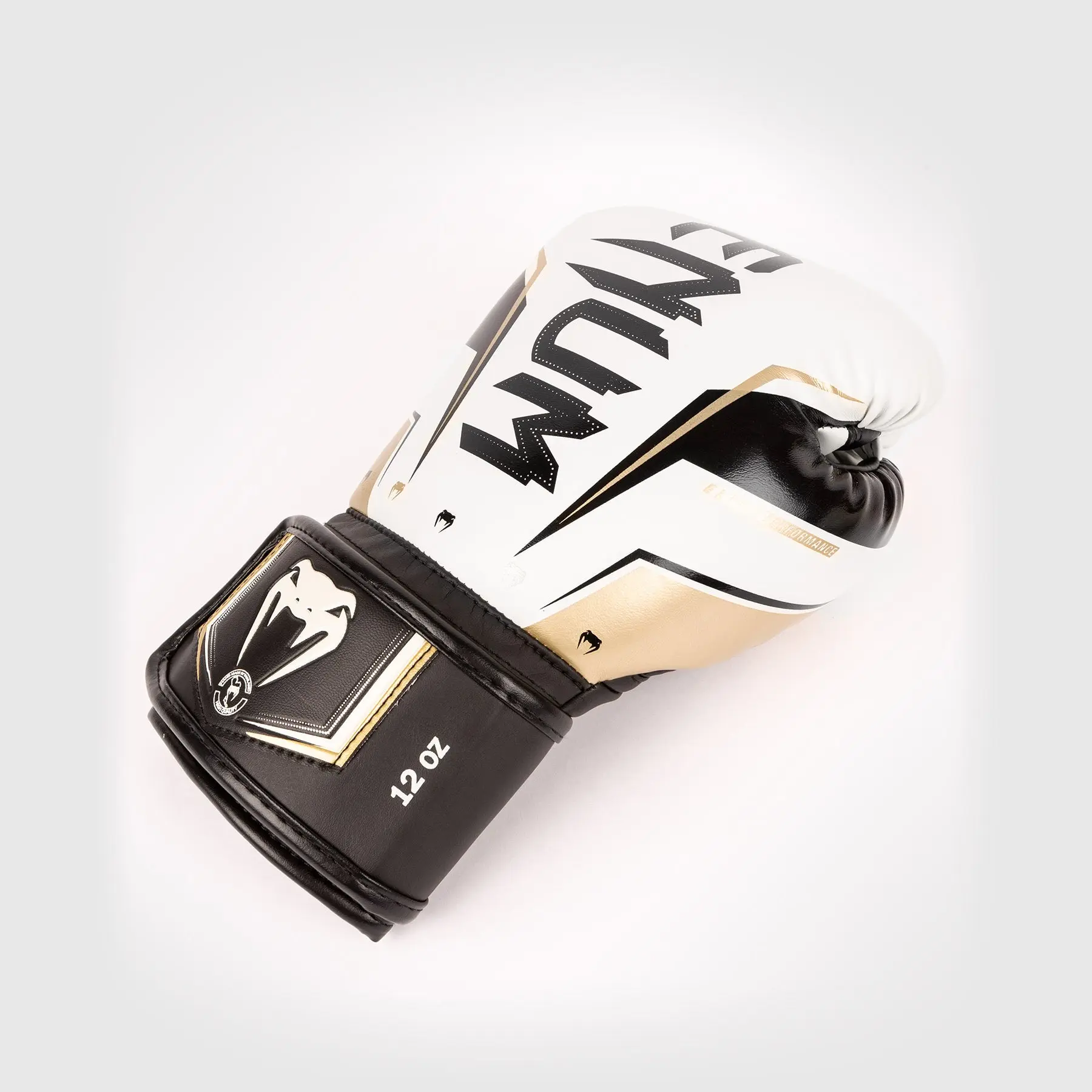 Venum Elite Evo Boxing Gloves - White/Gold ъглов изглед