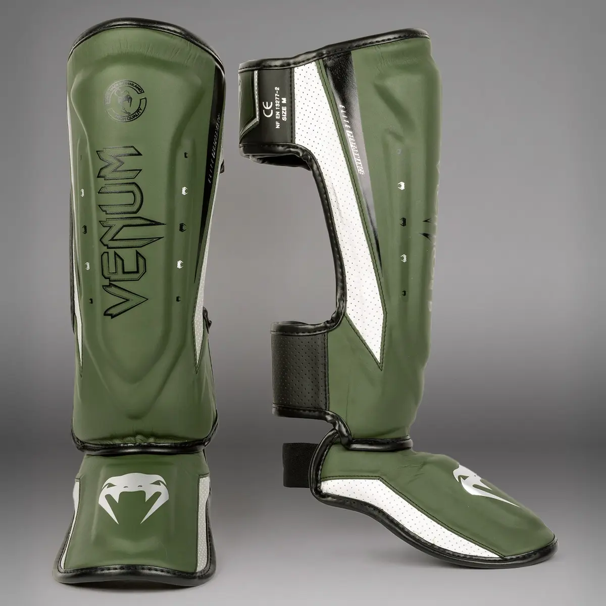Venum Elite Evo Shinguards - Khaki/Silver, преден изглед