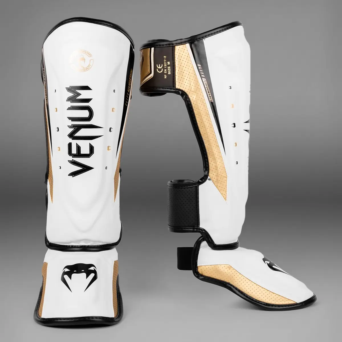 Venum Elite Evo Shinguards - White/Gold, преден изглед