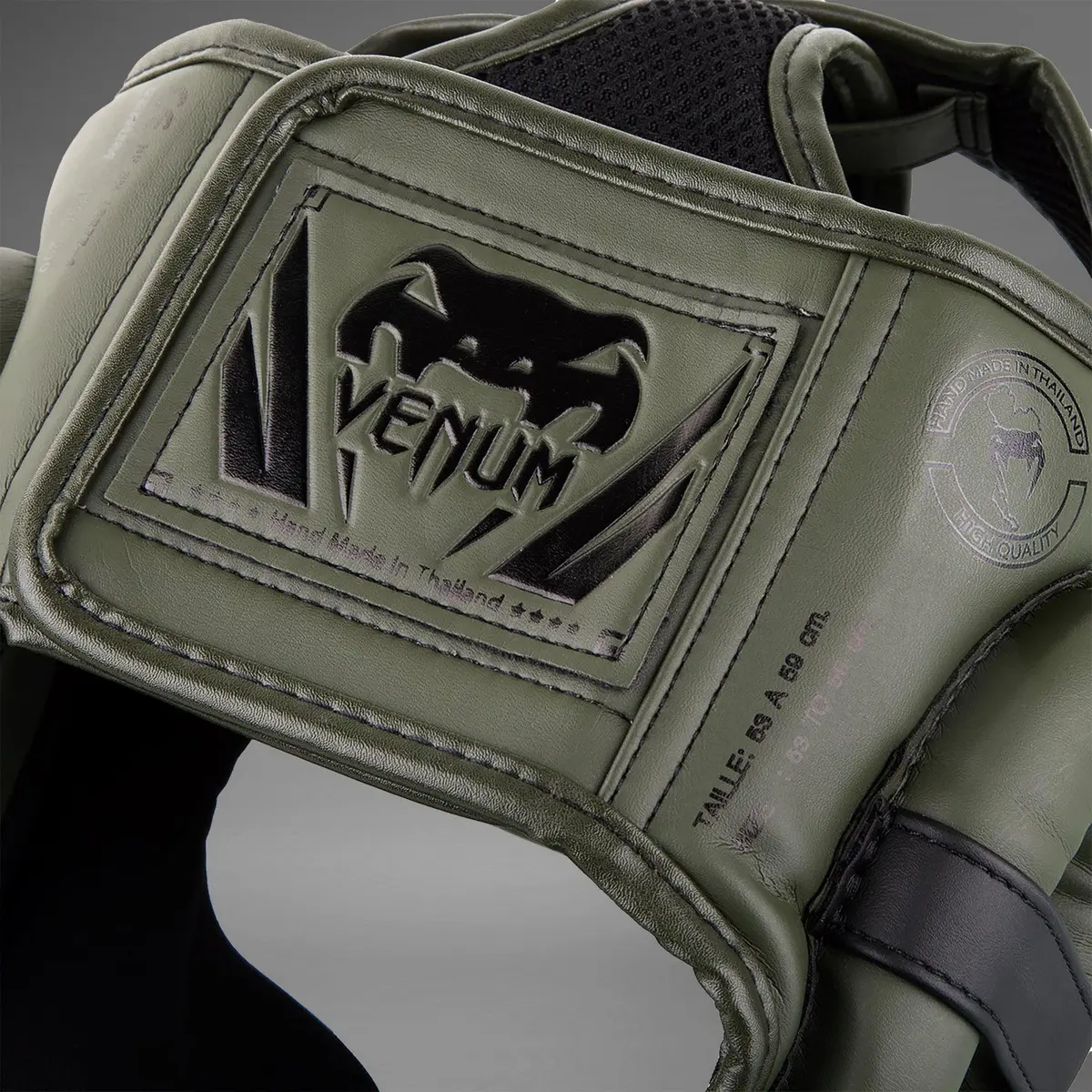 Venum Elite Headgear - Kaki/Black, детайл от етикета и логото