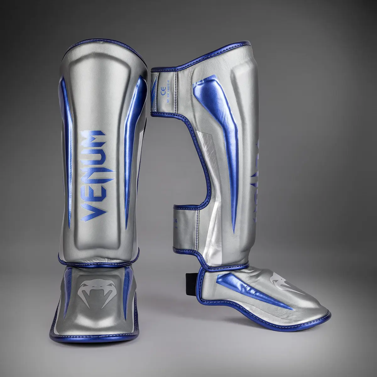 Venum Elite Shin Guards - Grey - Special Edition преден изглед с едно отворено