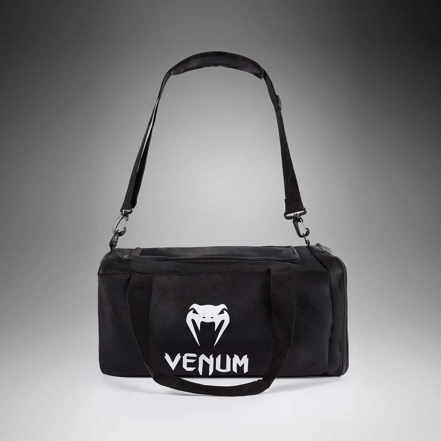 Venum Essential Sports Bag (37L) - Black, преден изглед с предпазен колан