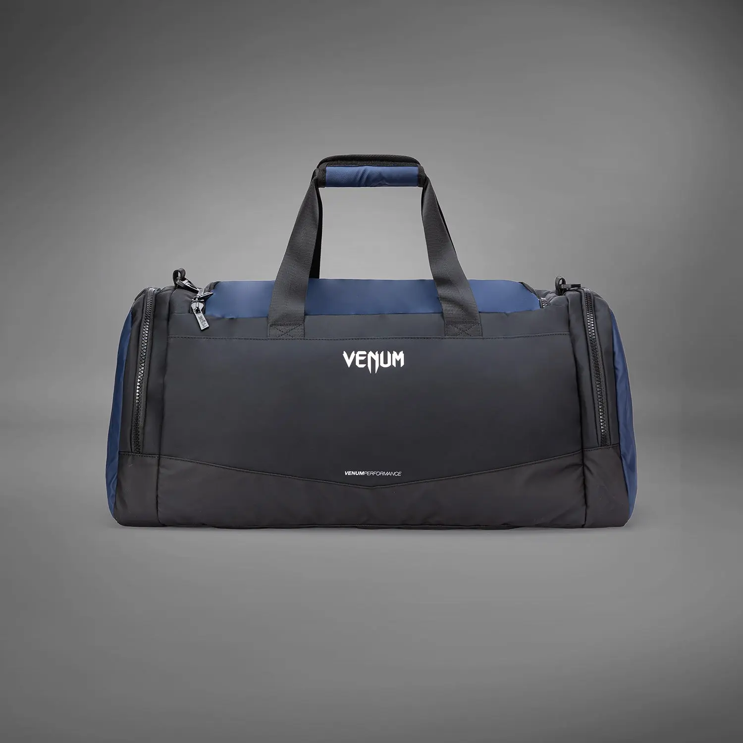 Venum Evo 2 Trainer Lite Duffle Bag (55-63L) - Black/Blue, преден изглед с надпис Venum