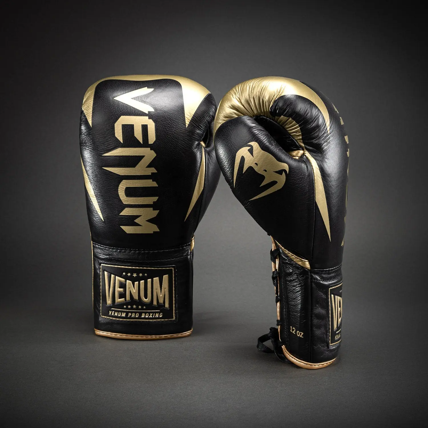 Venum Hammer Pro Boxing Gloves with Laces - Black/Gold, преден изглед, лява ръкавица
