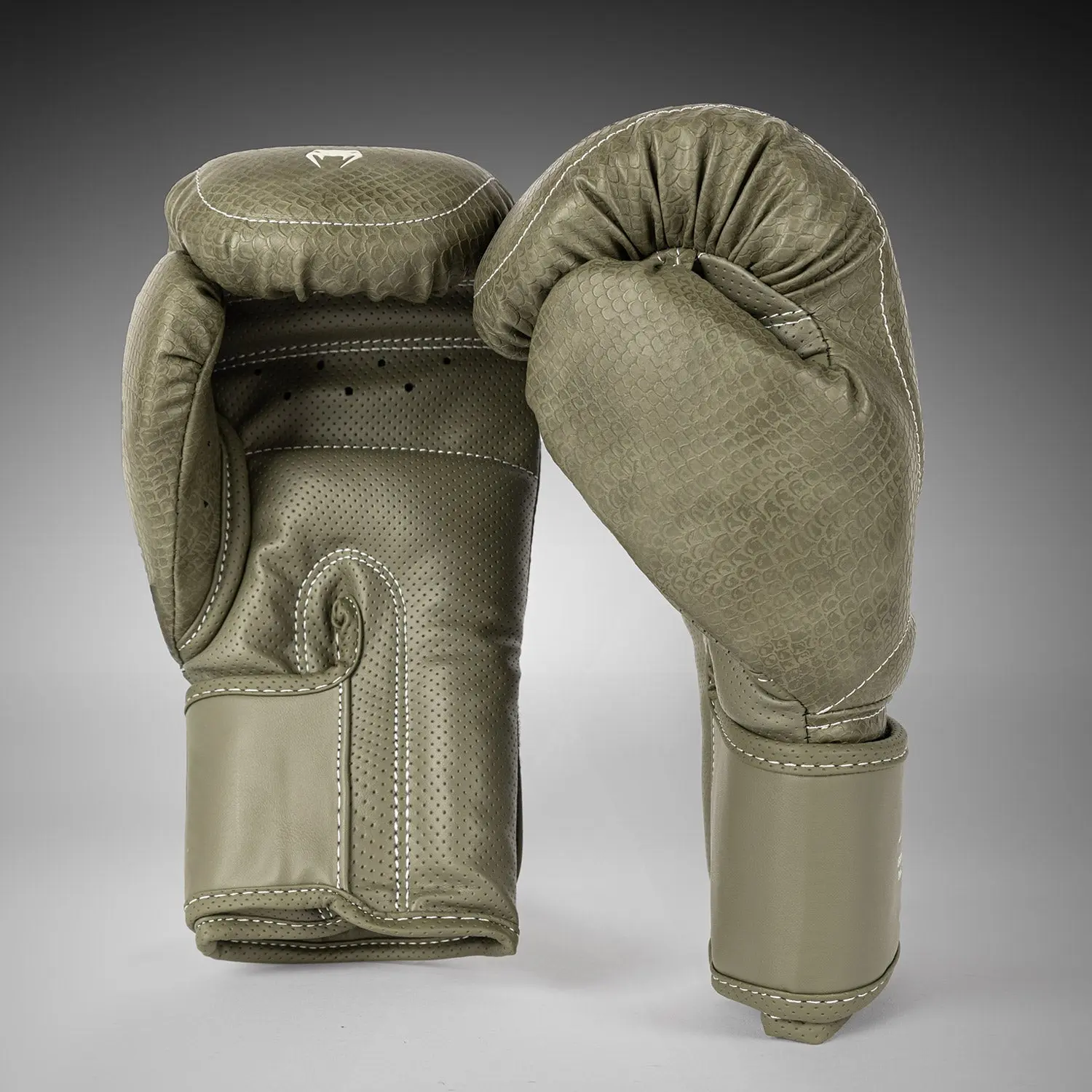 Venum Impact Evo Scales Boxing Gloves - Army Green, преден изглед, едната ръкавица е леко повдигната