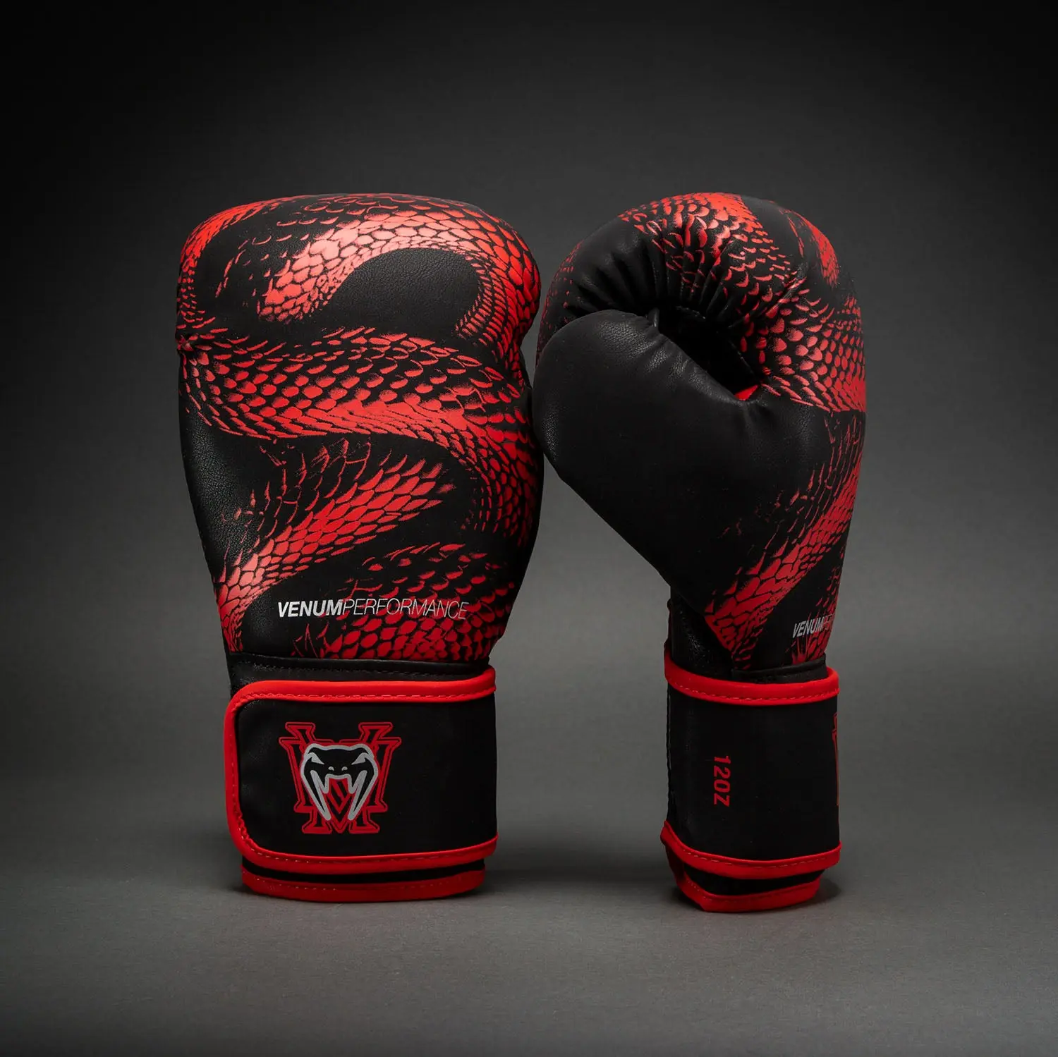 Venum Matupa Boxing Gloves - Black/Red/Silver, преден изглед с акцент върху дизайна