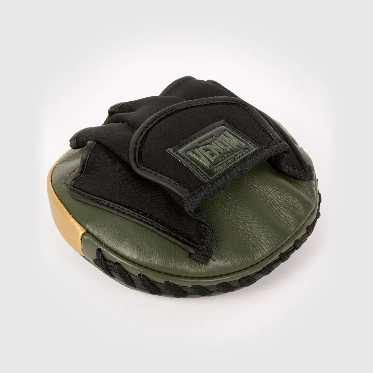 Venum Pro Boxing Mini Curved Punch Mitts (Pair) - Khaki/Gold, заден изглед с етикет