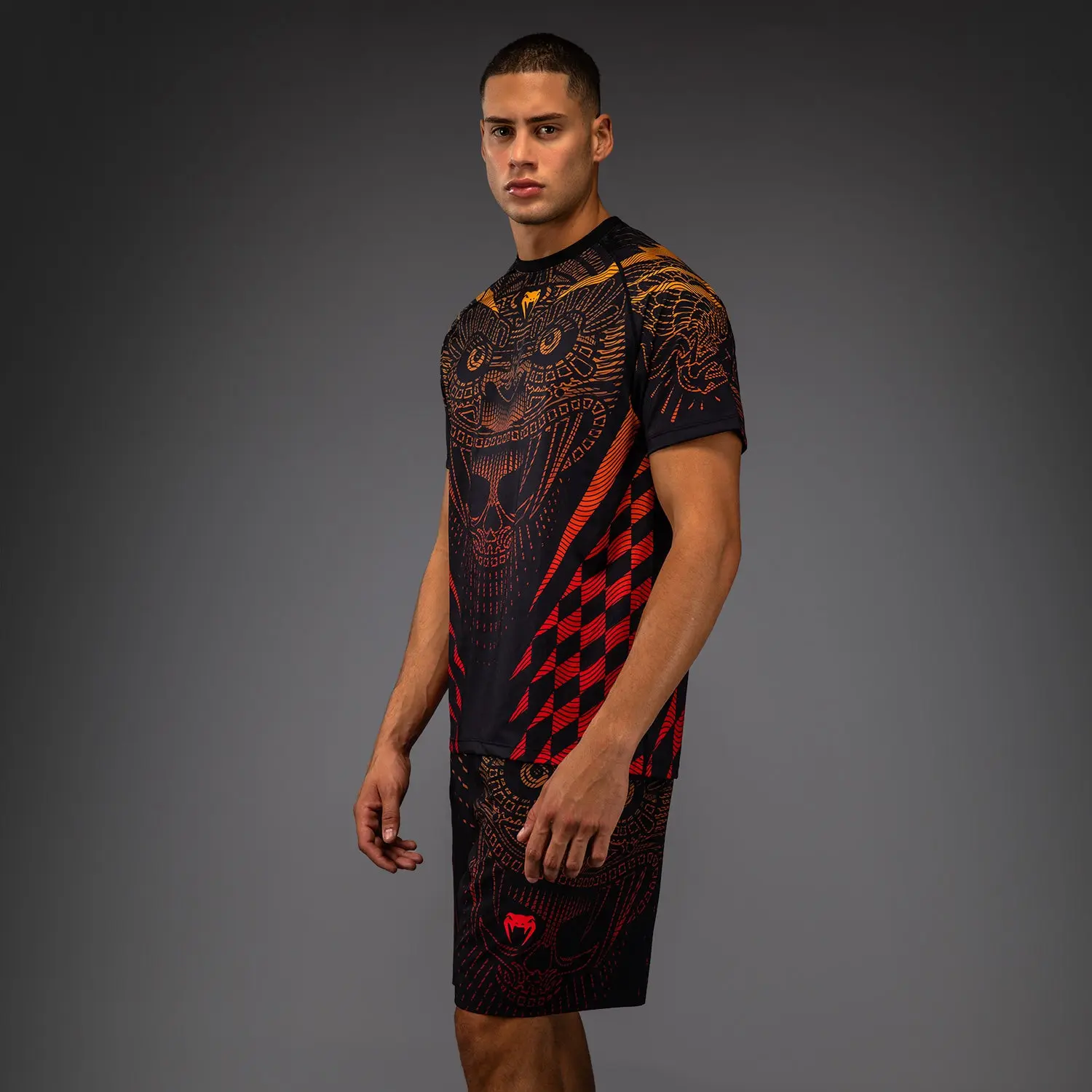 Venum Тениска Quetzal Fury T-Shirt - Black/Fury Red/Tangerine, преден изглед с шарка