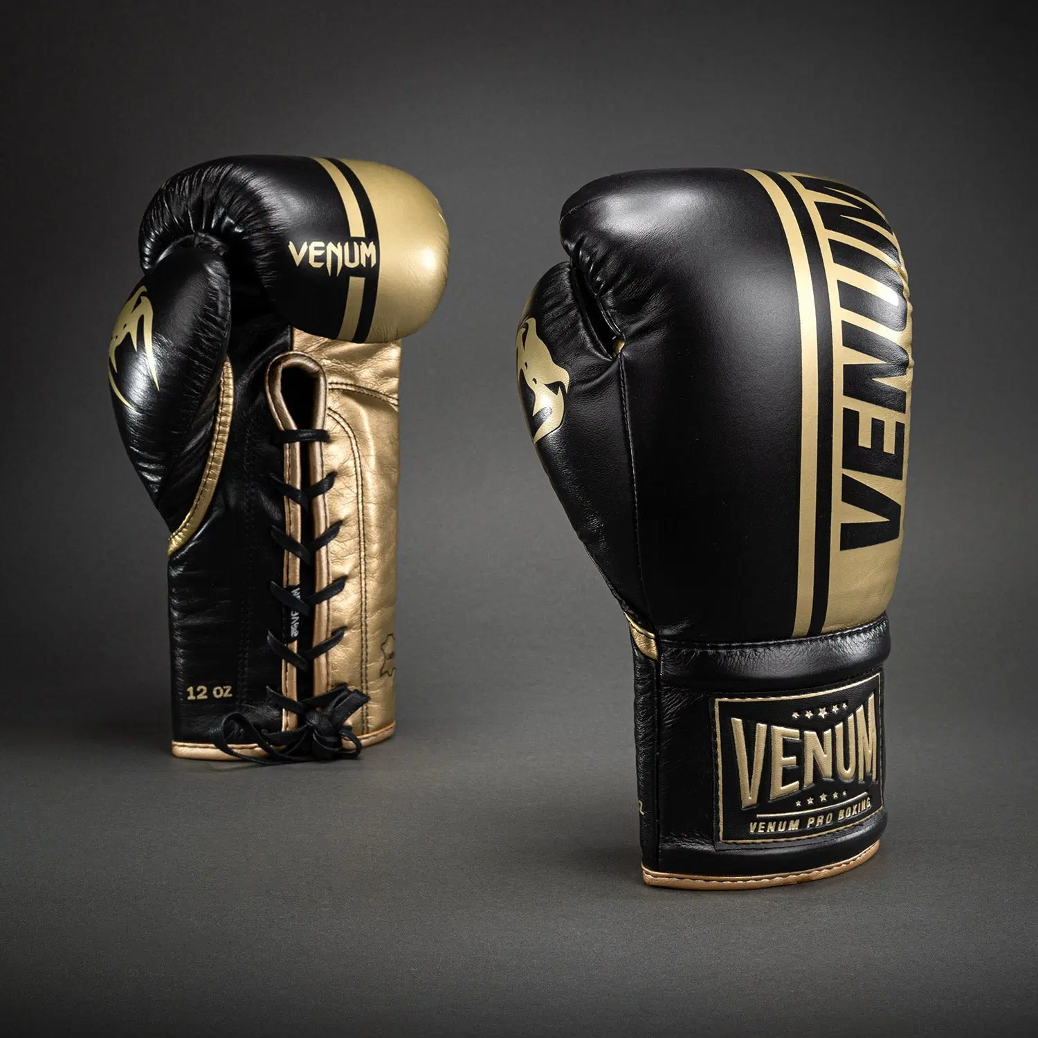 Venum Shield Pro Boxing Gloves with Laces - Black/Gold: преден изглед на чифт ръкавици