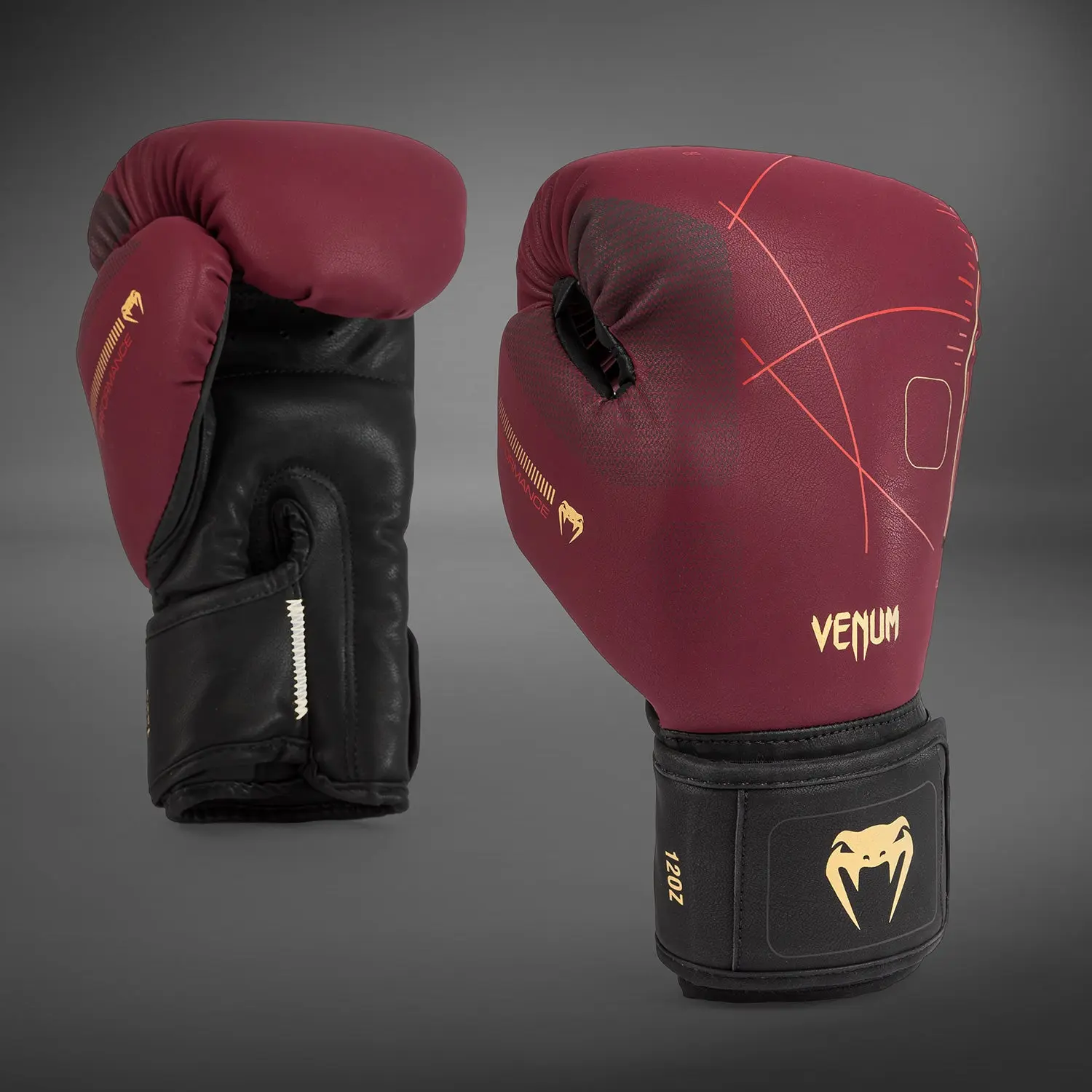 Venum Tactical XT Boxing Gloves - Black/Burgundy/Gold преден изглед с размер