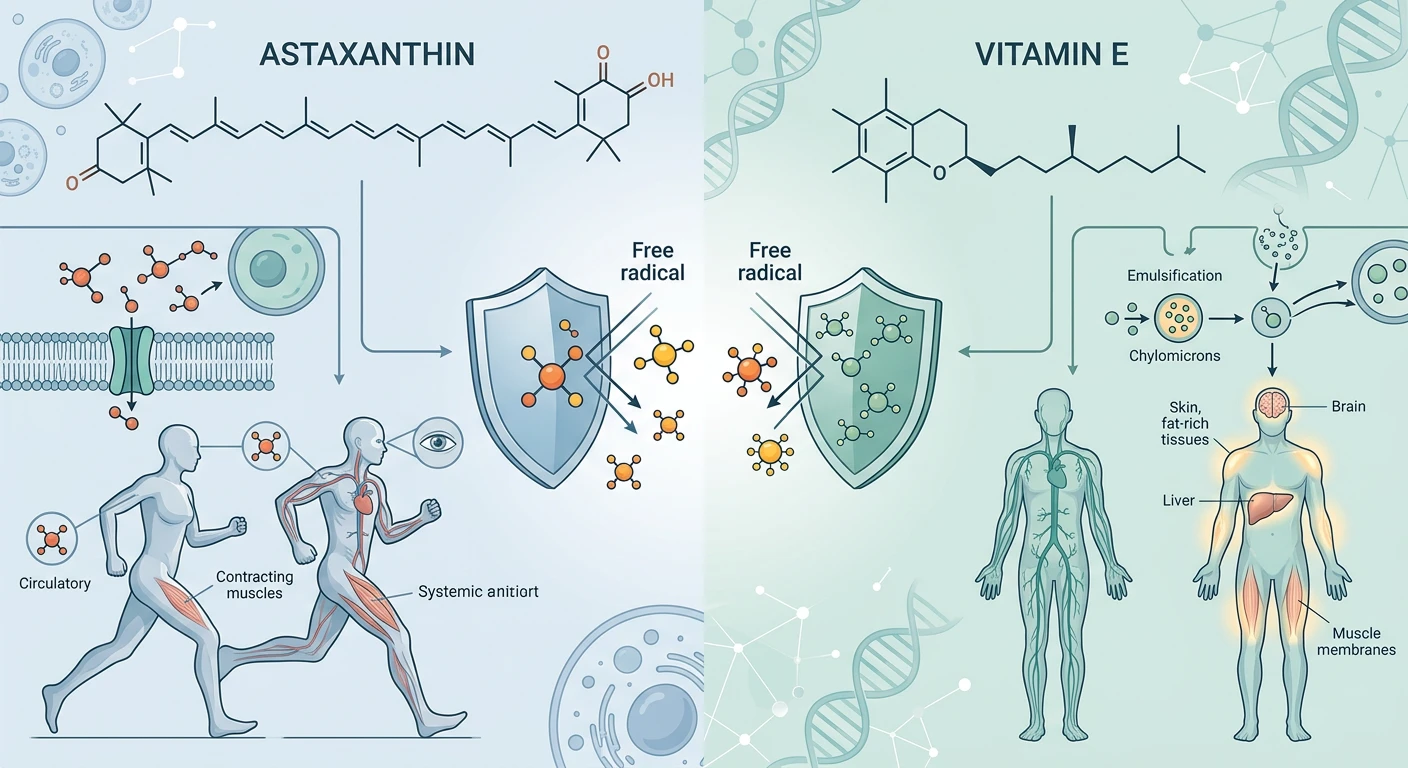 Illustration of the synergistic effect between astaxanthin and vitamin E in the cell membrane