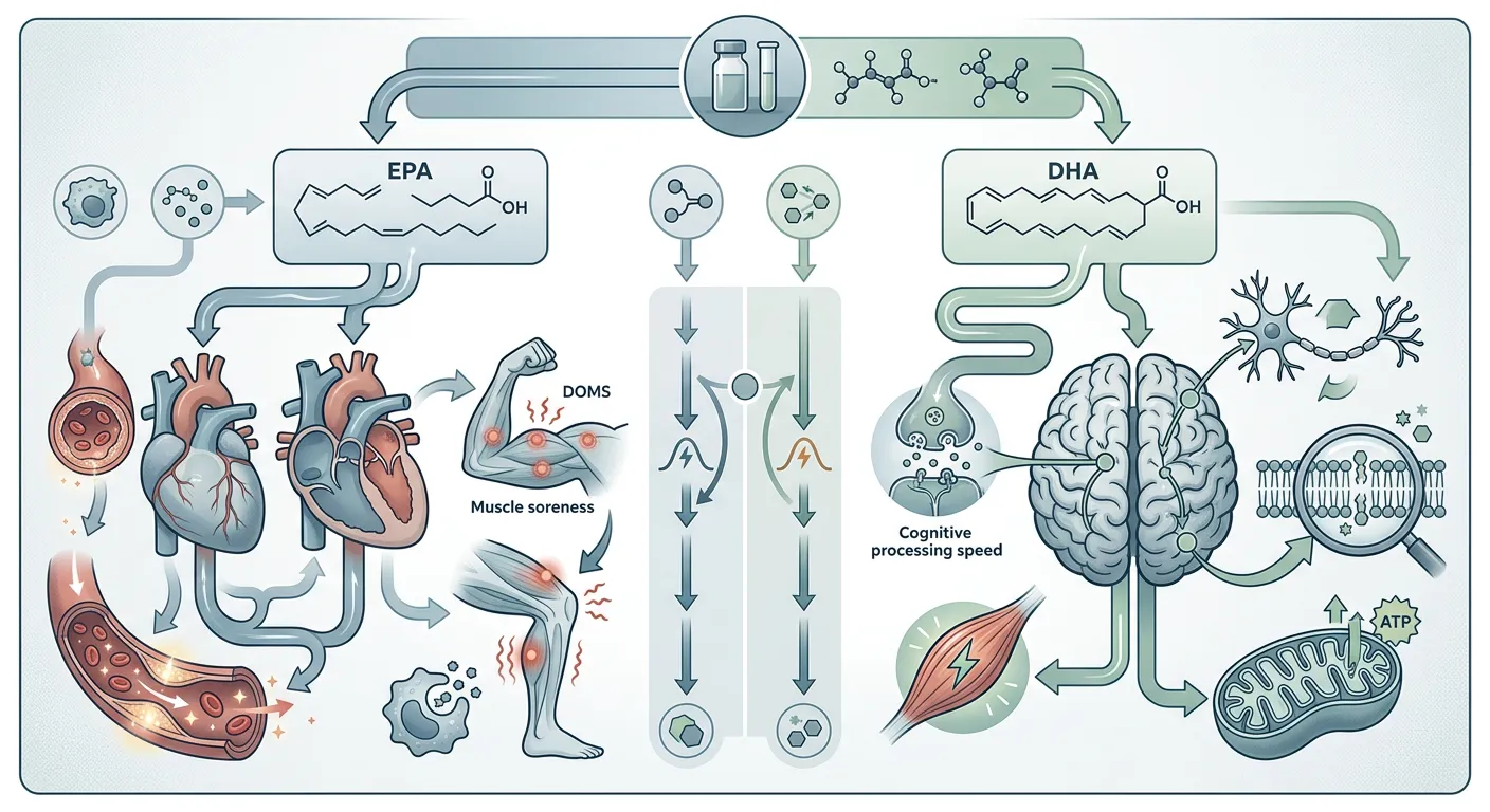 Illustration of a brain and joint connected by EPA and DHA molecules