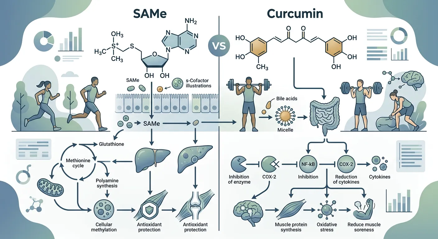 Illustration of the biochemical pathways of SAMe and Curcumin in the cell