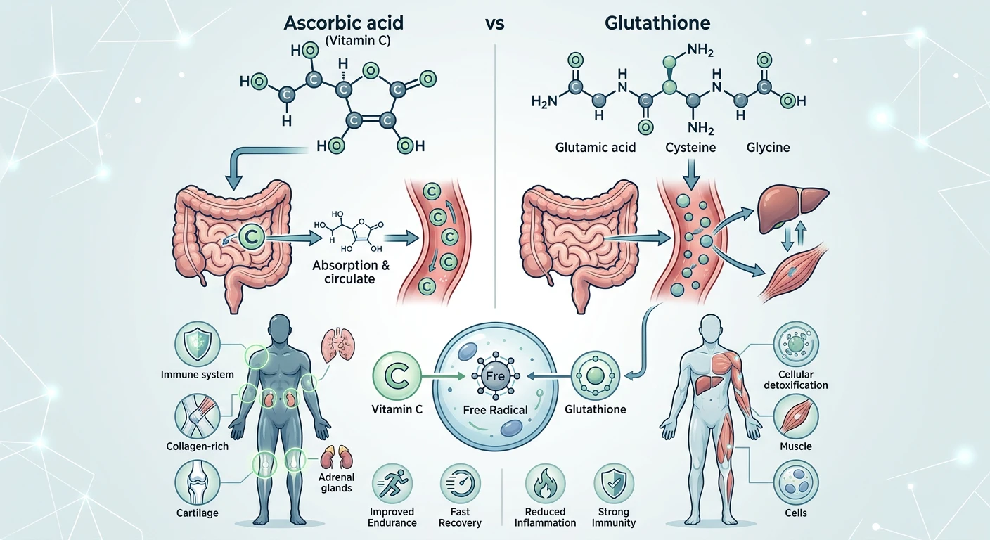 Illustration of the synergistic effect between Vitamin C and Glutathione in the cell