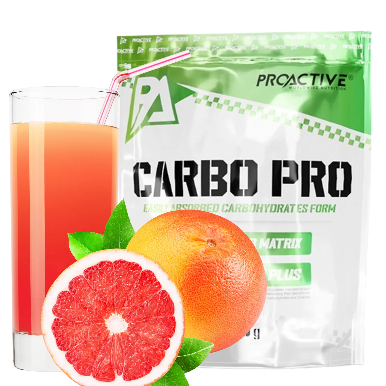 ProActive Carbo Pro 1000g Grapefruit опаковка заедно със свежи грейпфрути