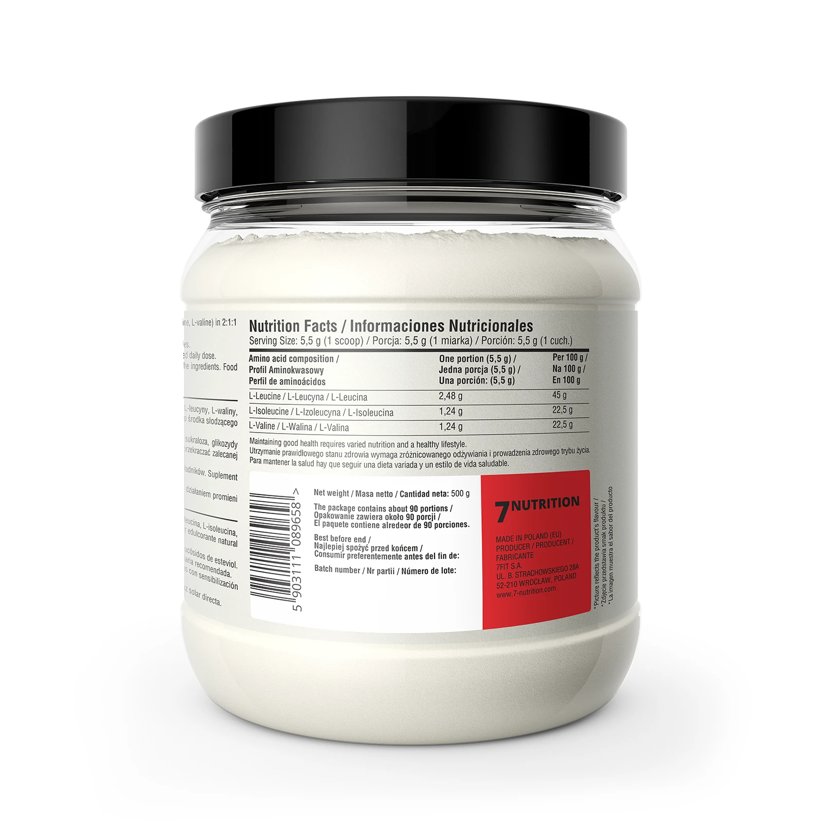 7Nutrition - BCAA Perfect 500g изглед на етикета отзад с хранителна таблица