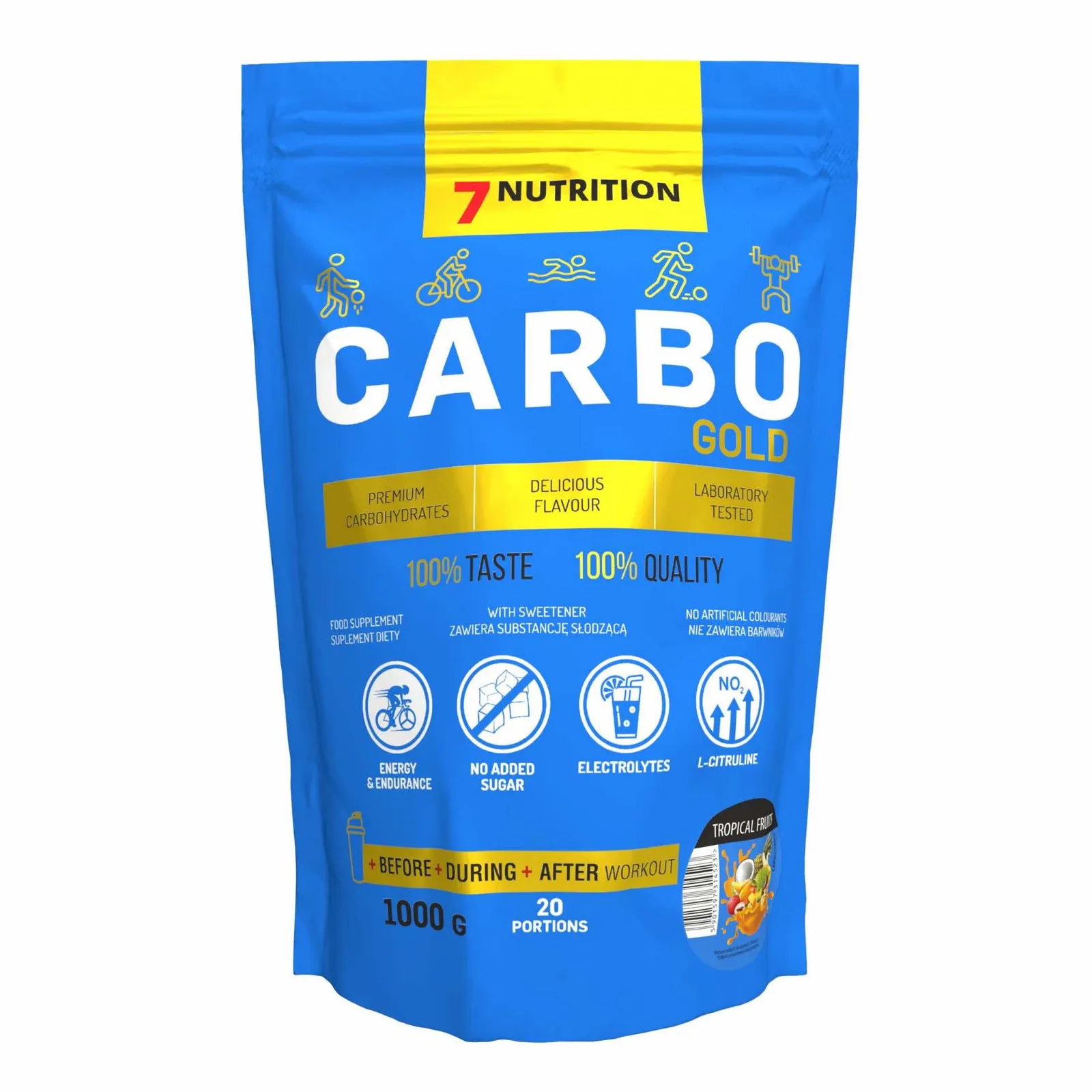 7Nutrition - CARBO Gold 1000 g преден изглед на опаковката с лога за енергия, без добавена захар, електролити и L-цитрулин