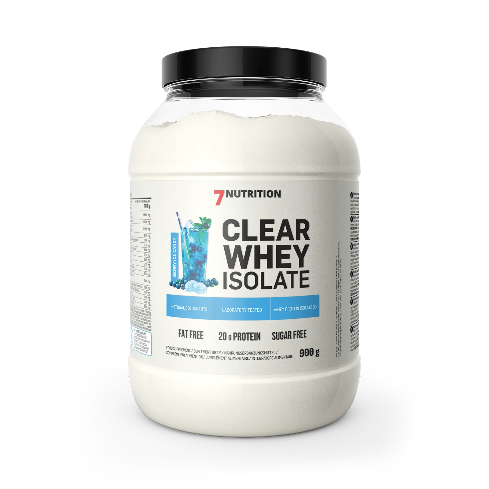 7Nutrition - Clear Whey Isolate 900g етикет с хранителна таблица и вкус Berry Ice Candy