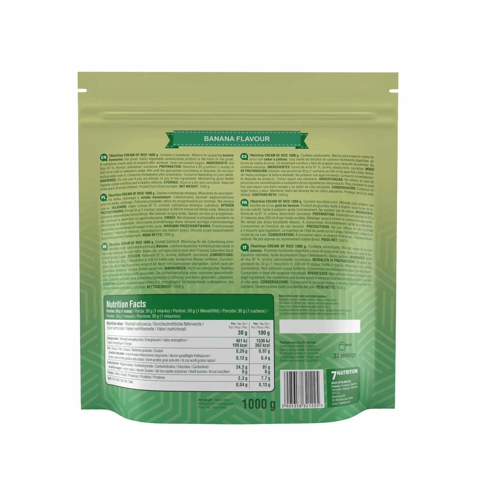 7Nutrition - Cream of Rice 1000g етикет със съдържание и хранителна информация