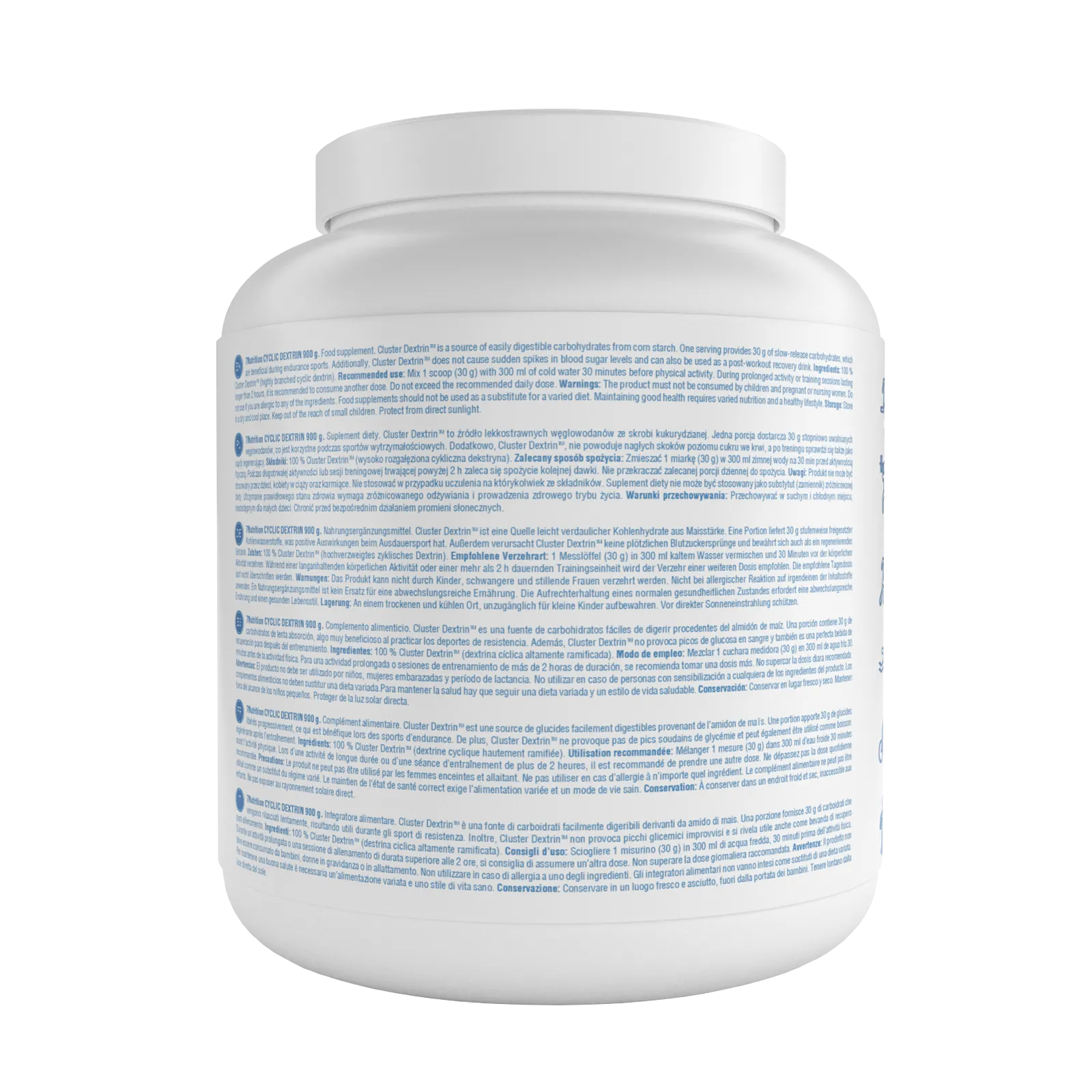 7Nutrition - CYCLIC DEXTRIN 900G етикет с информация на различни езици