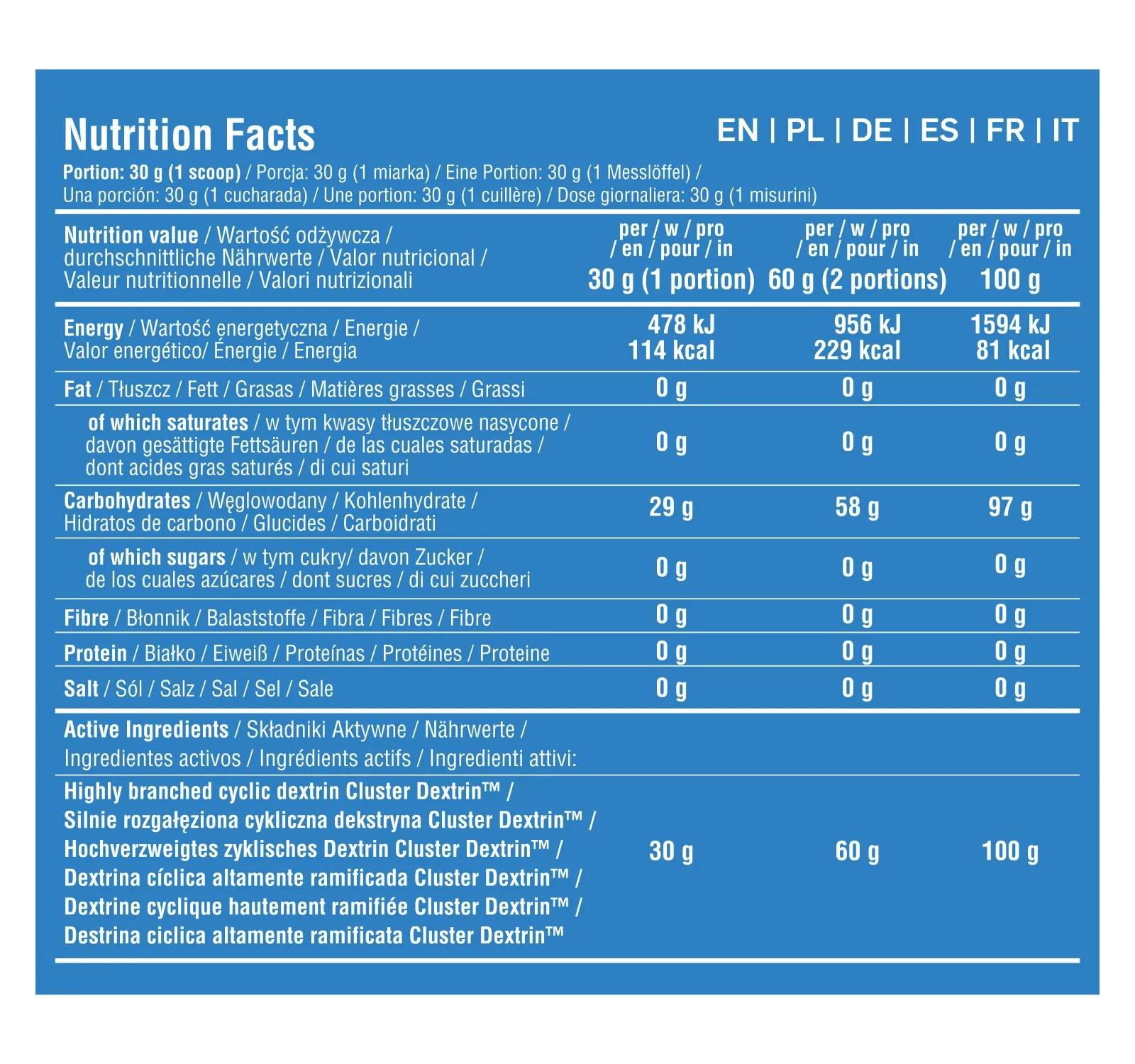 7Nutrition - CYCLIC DEXTRIN 900G детайли на хранителната информация