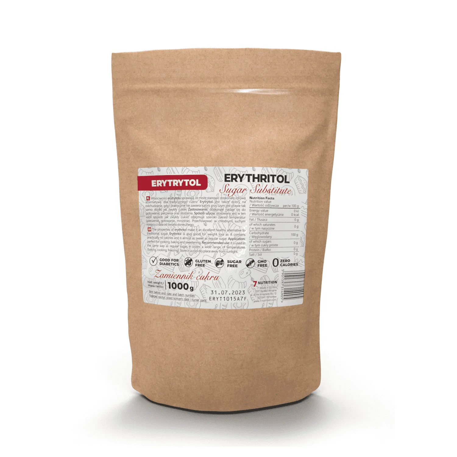 7Nutrition - ERYTHRITOL 1000G хранителна таблица на опаковката
