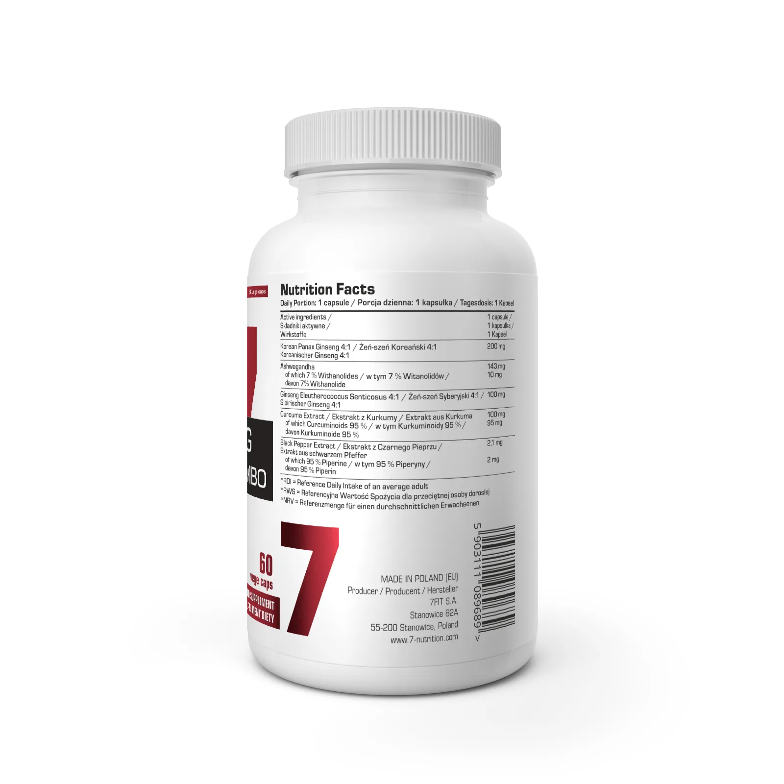 7Nutrition - Ginseng+ Herbal Combo 60 vege caps изглед към етикета с хранителна таблица
