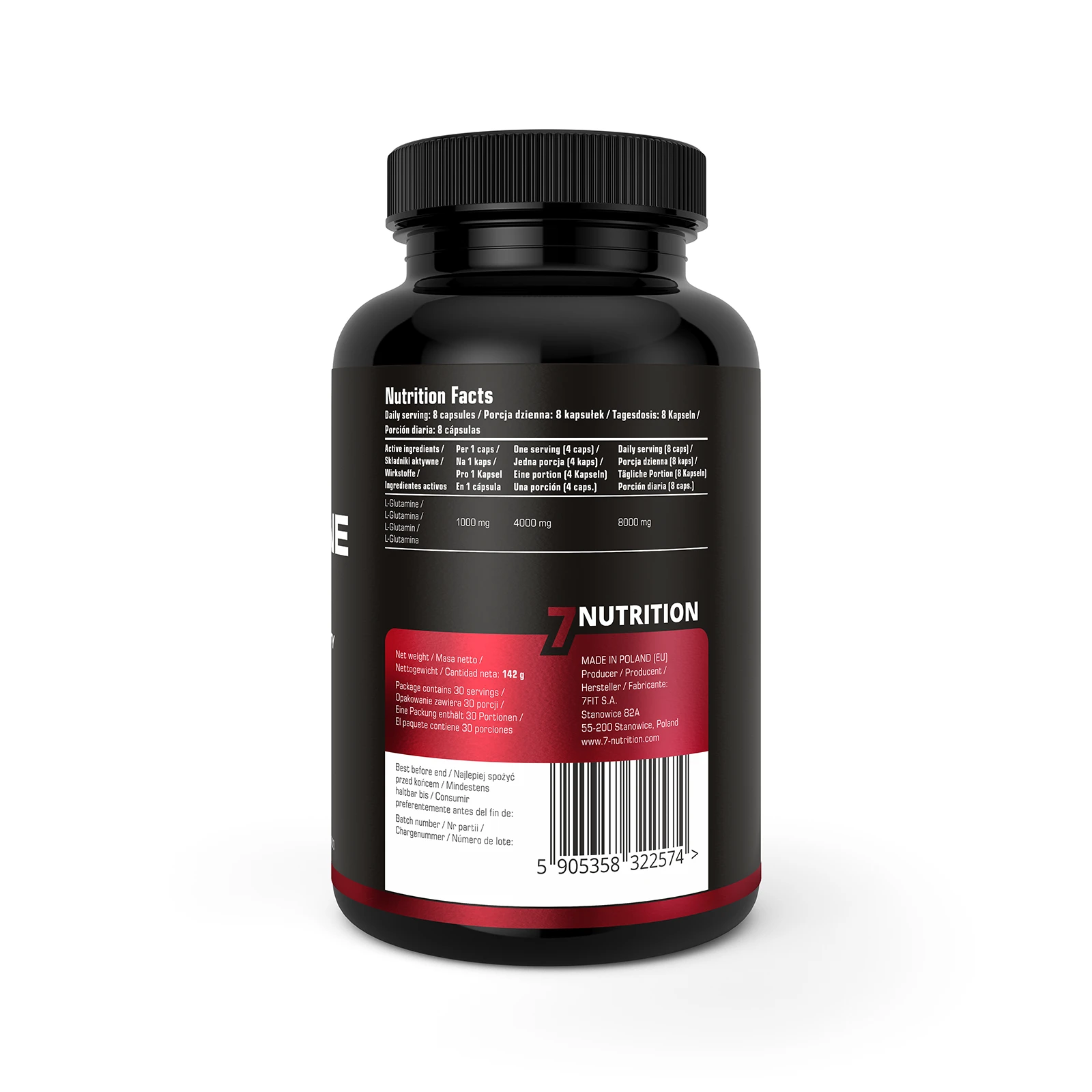 7Nutrition - Glutamine MAX 120 vege caps, страничен изглед на опаковката с описания