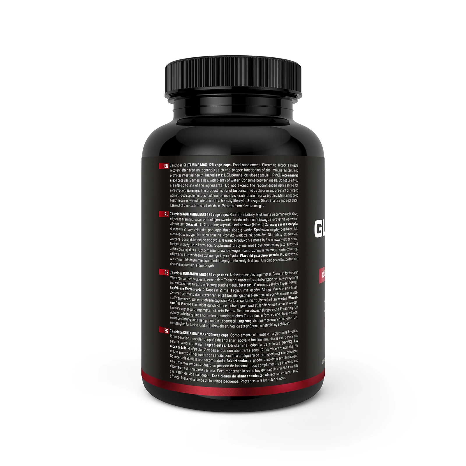 7Nutrition - Glutamine MAX 120 vege caps, близък план на етикета с информация
