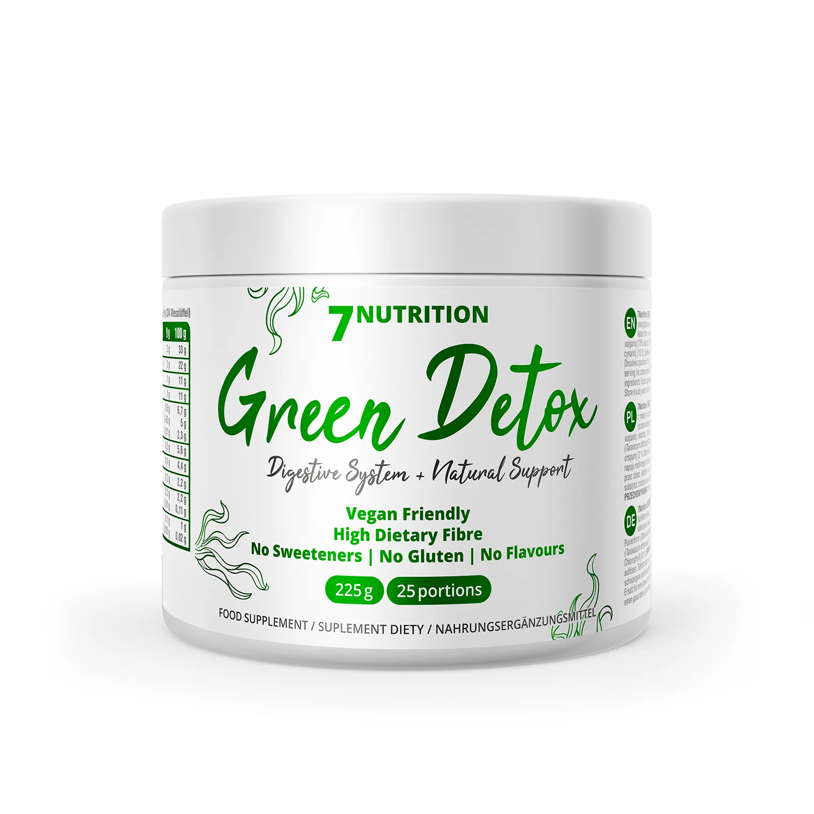 7Nutrition - GREEN DETOX 225g, преден изглед на опаковката с хранителна таблица
