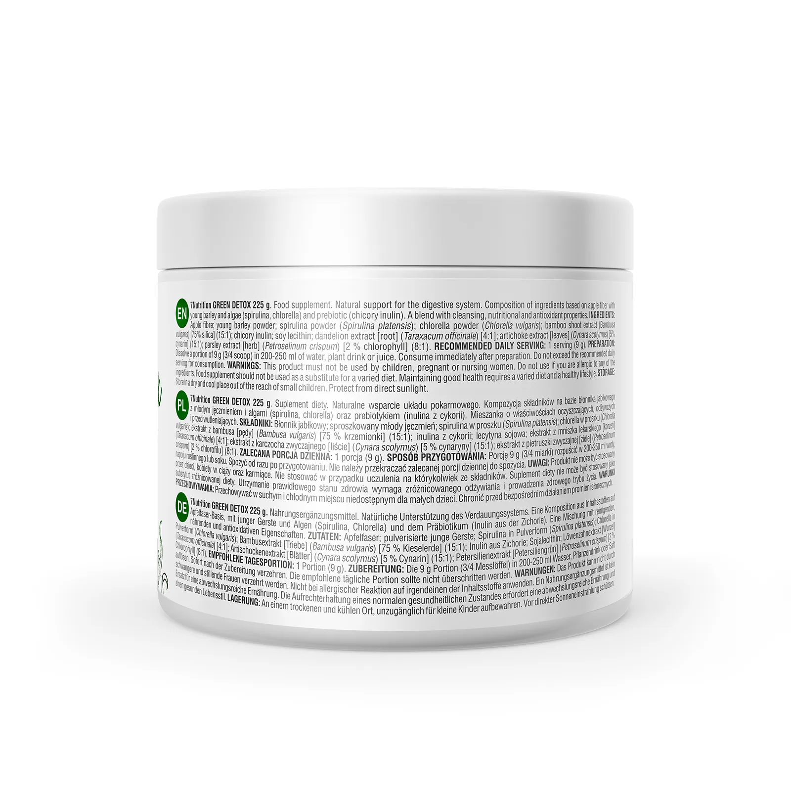 7Nutrition - GREEN DETOX 225g, отпечатан етикет със съставки и информация на няколко езика