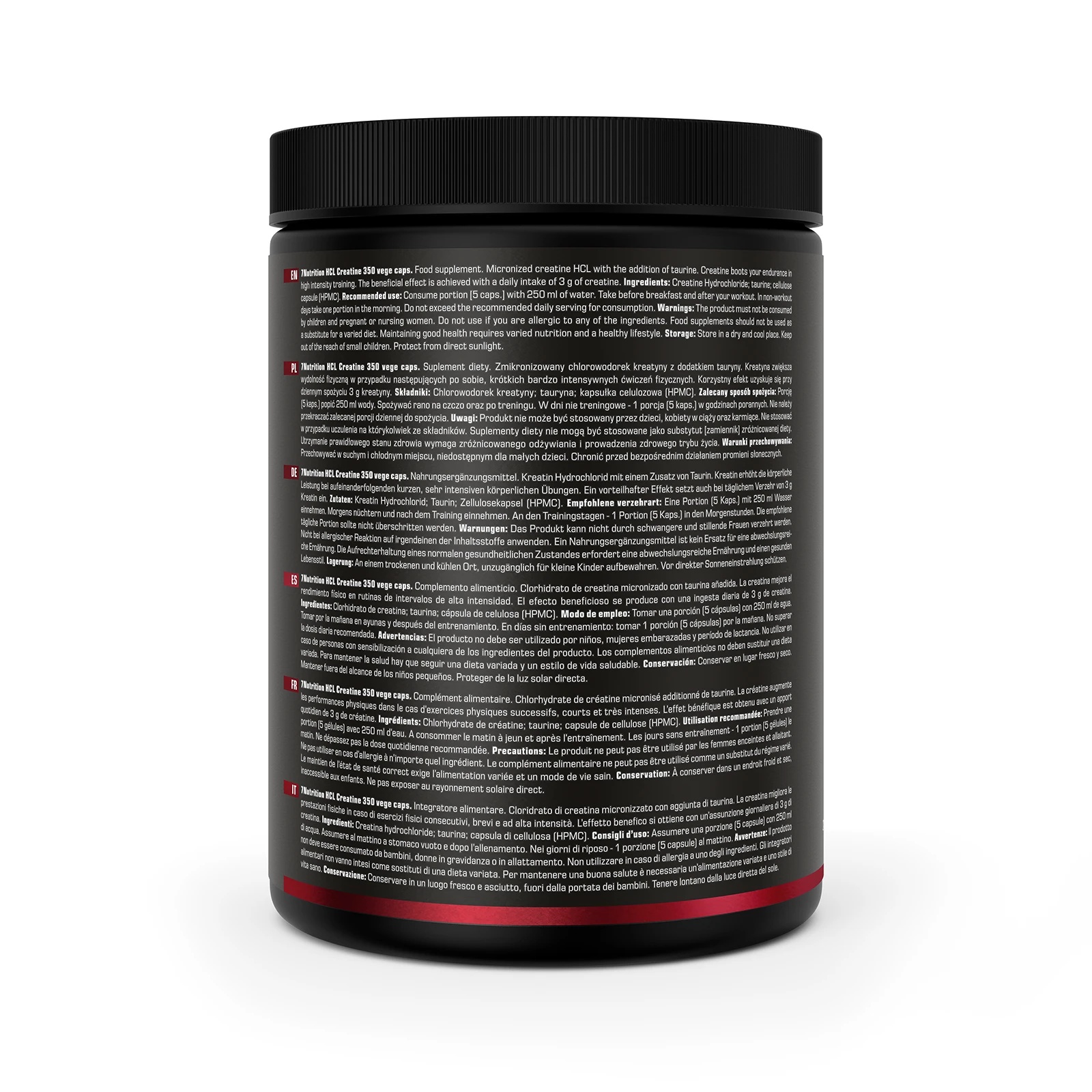 7Nutrition - HCL Creatine 350 vege caps, етикет с информация на различни езици
