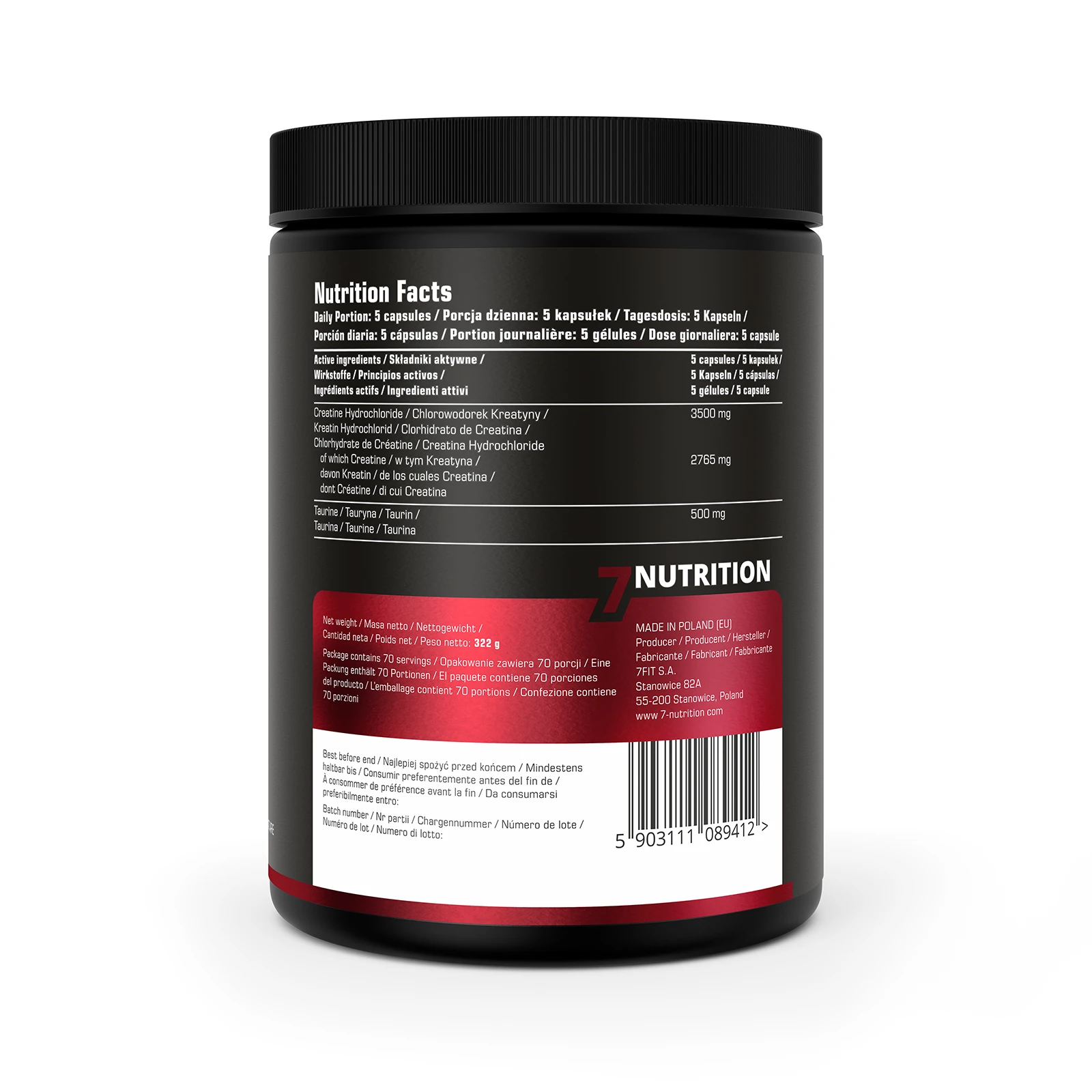 7Nutrition - HCL Creatine 350 vege caps, етикет с таблица с хранителни стойности